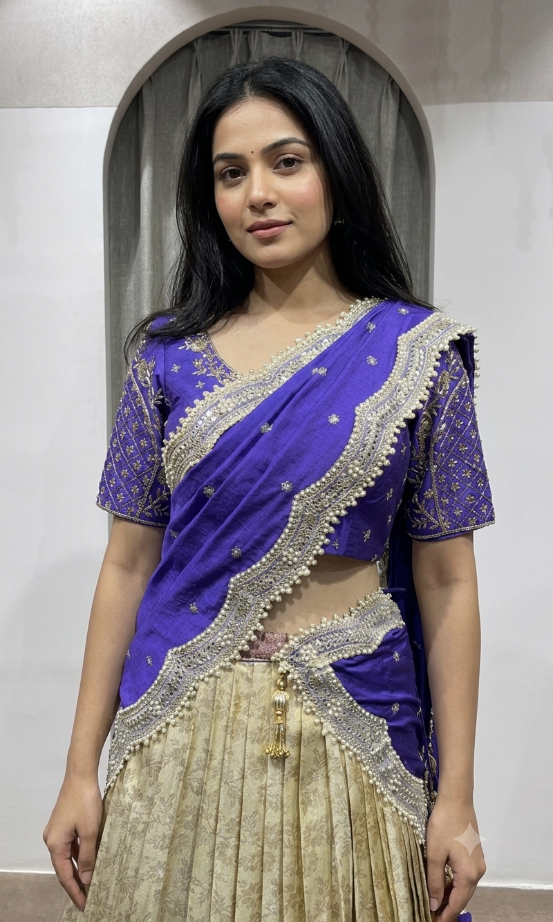purple and cream kanjivaram Pattu lehenga