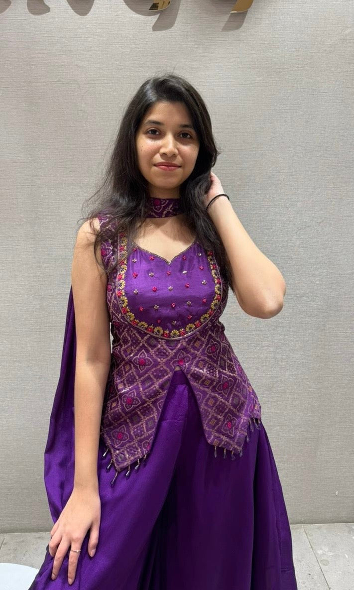 Purple palazzo Set with Layered Jacket Style Blouse