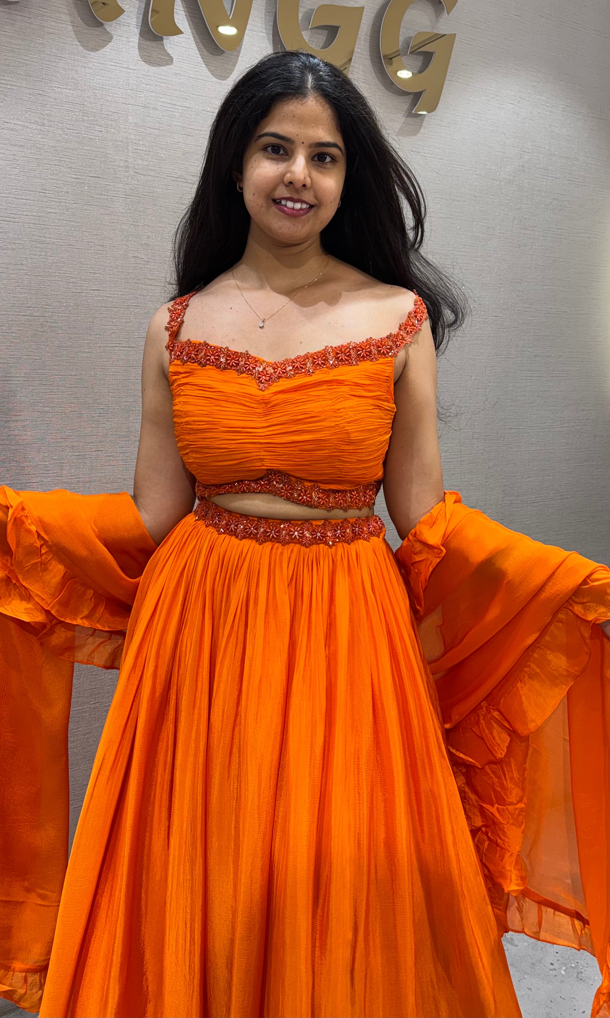 Orange cotton Embellished Crop Top Lehenga