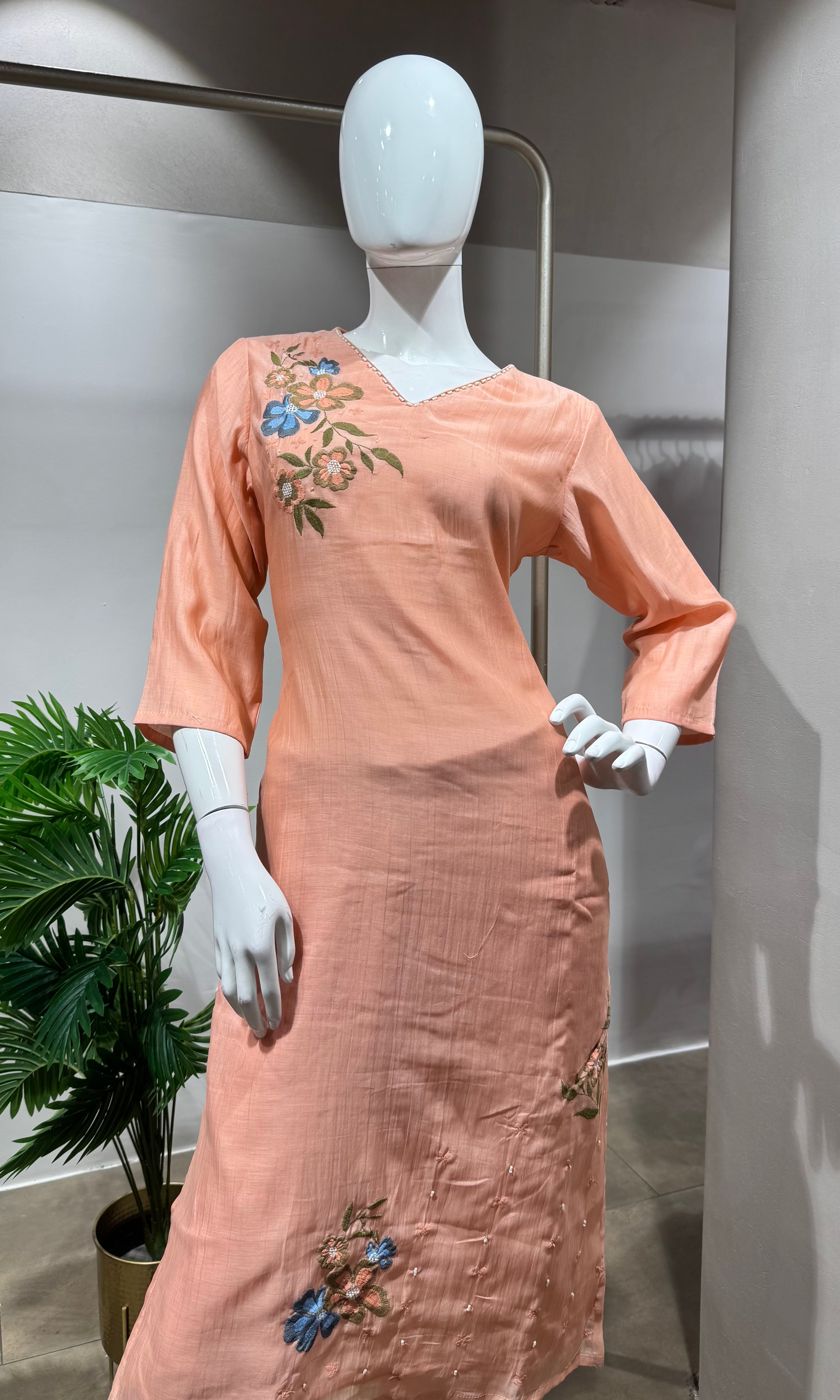 Peach Silk Kurti Set with French Knot