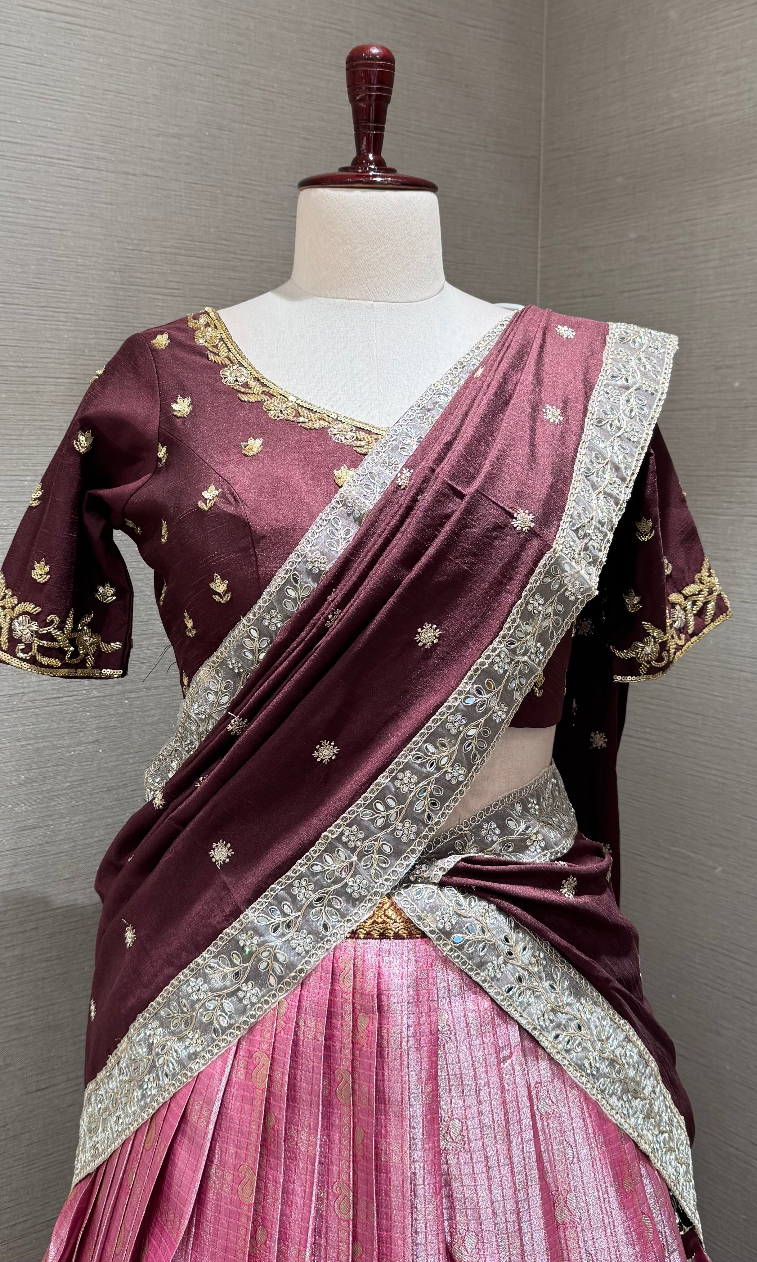 Brown And pink banarasi pattu lehenga with embroidered blouse
