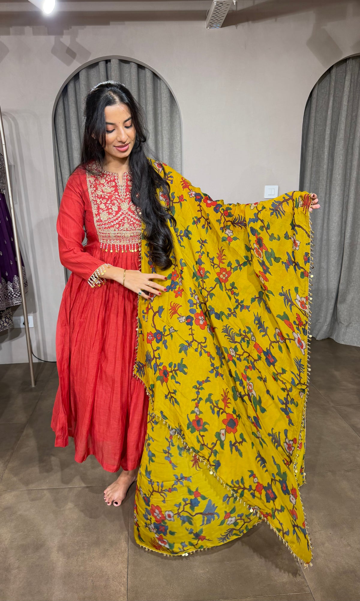 Red Mul Chanderi Kurta Set with Floral Mustard Dupatta
