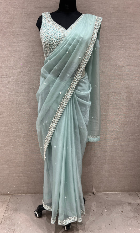 🌀Sea green saree with ready blous🌀