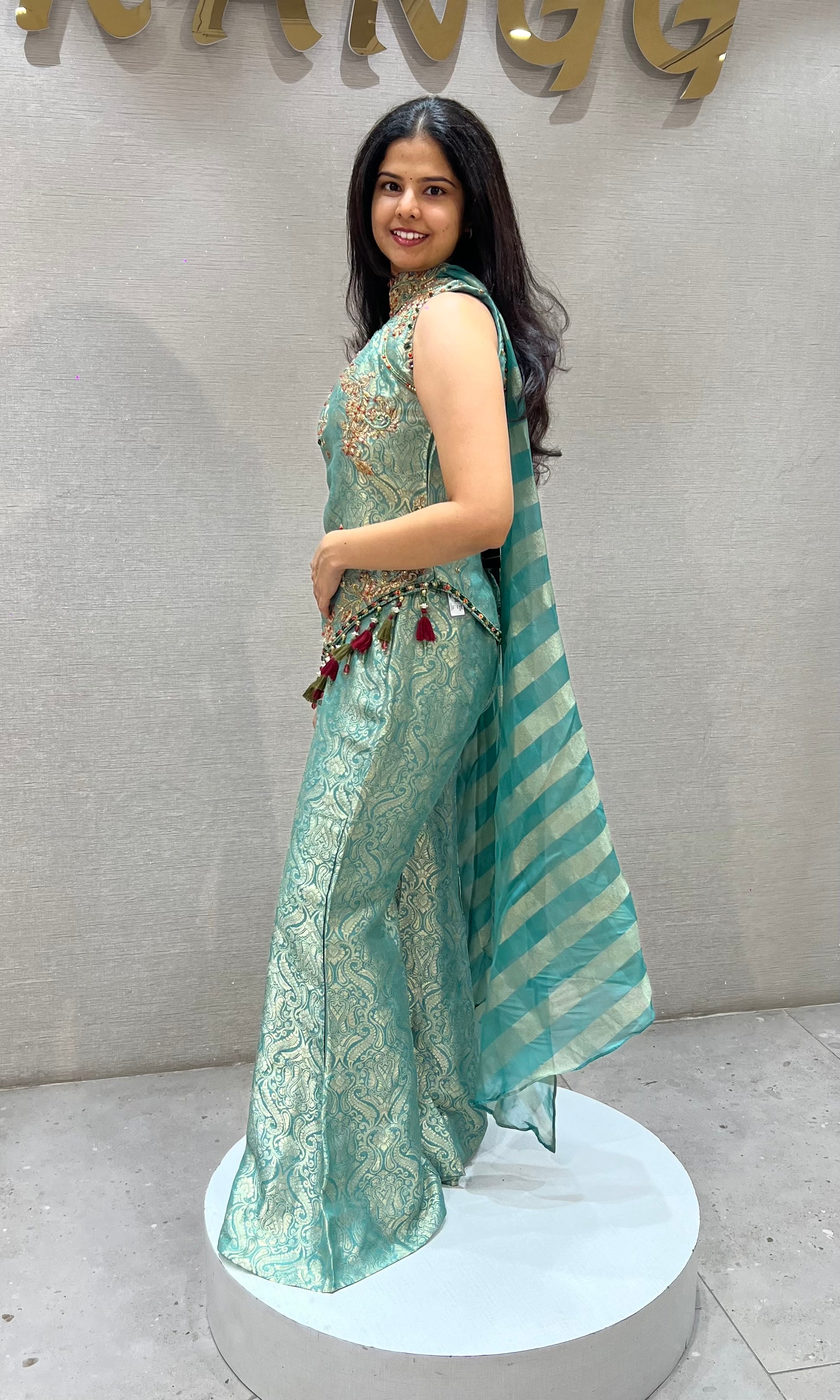 Green Gold Floral Banarasi Silk Brocade Peplum palazzo set