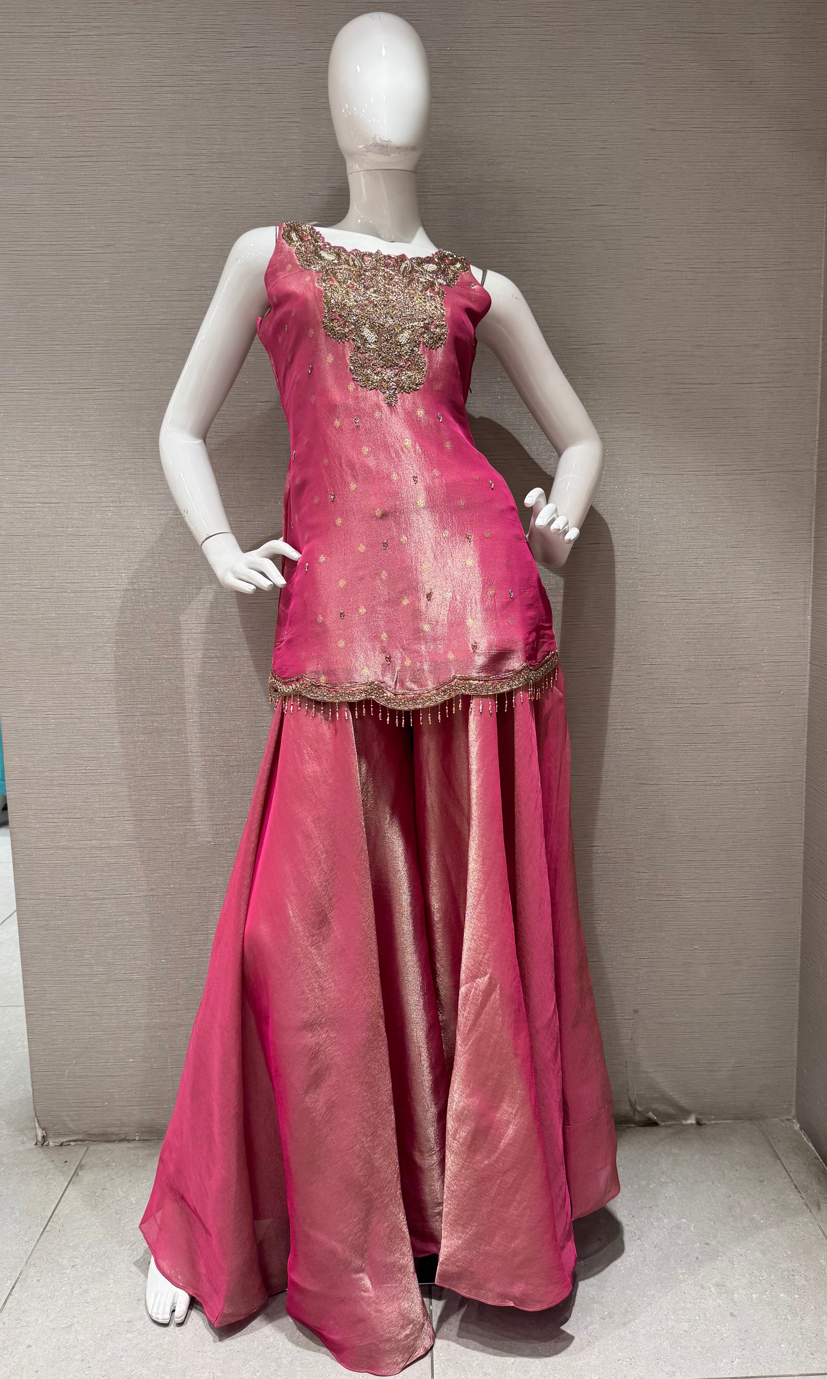 Rani Gold Tissue silk Embroidered Sharara Set