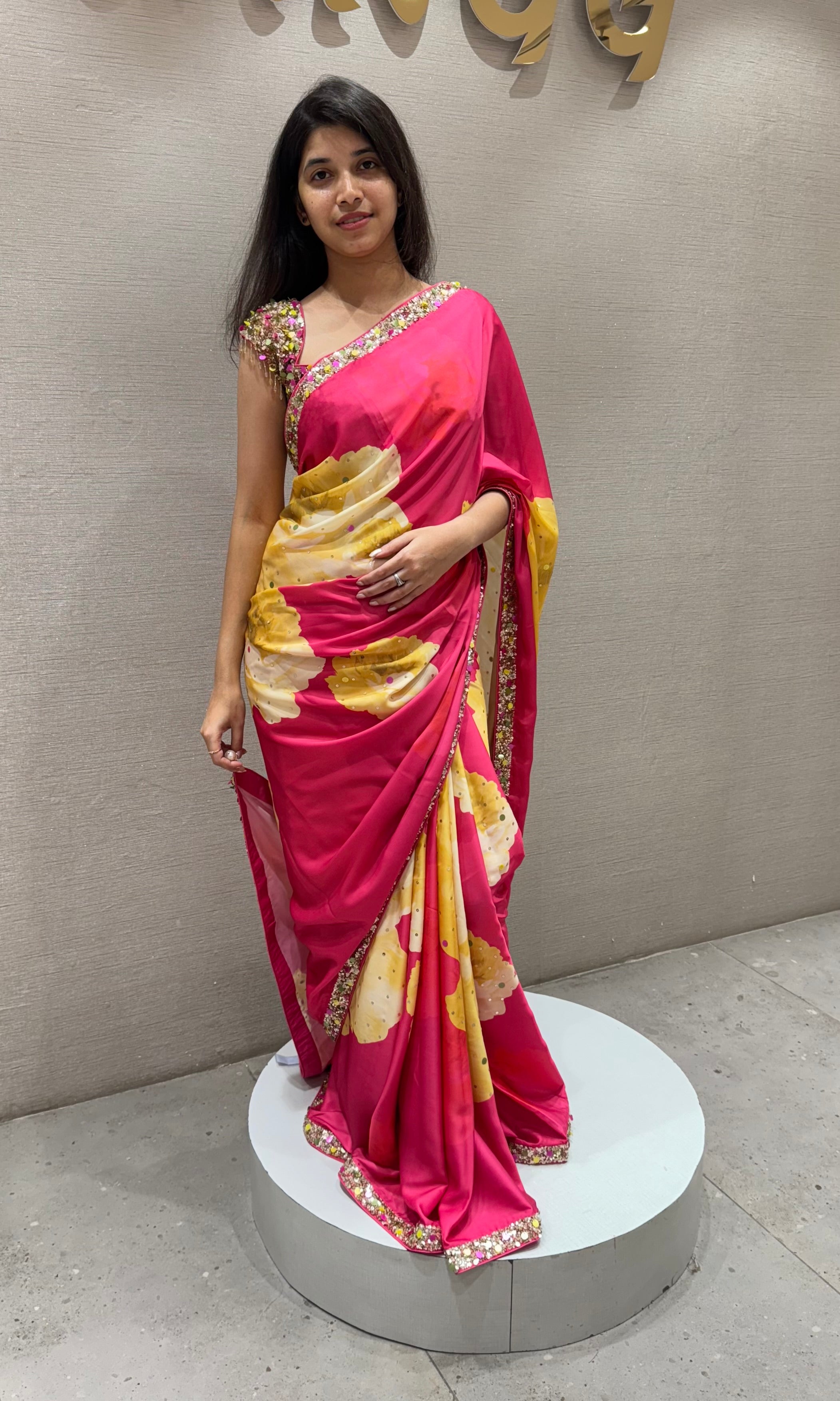 Pink Floral Saree WITH EMBROIDERED BLOUSE