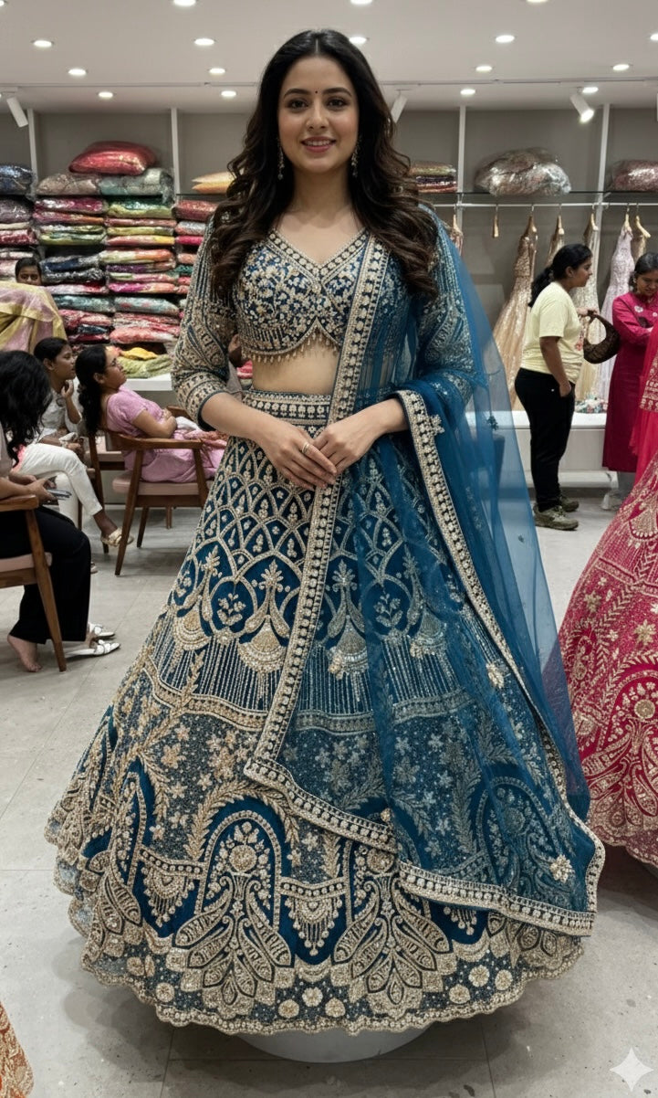 Peacock blue GOLDEN EMBROIDERY lehanga