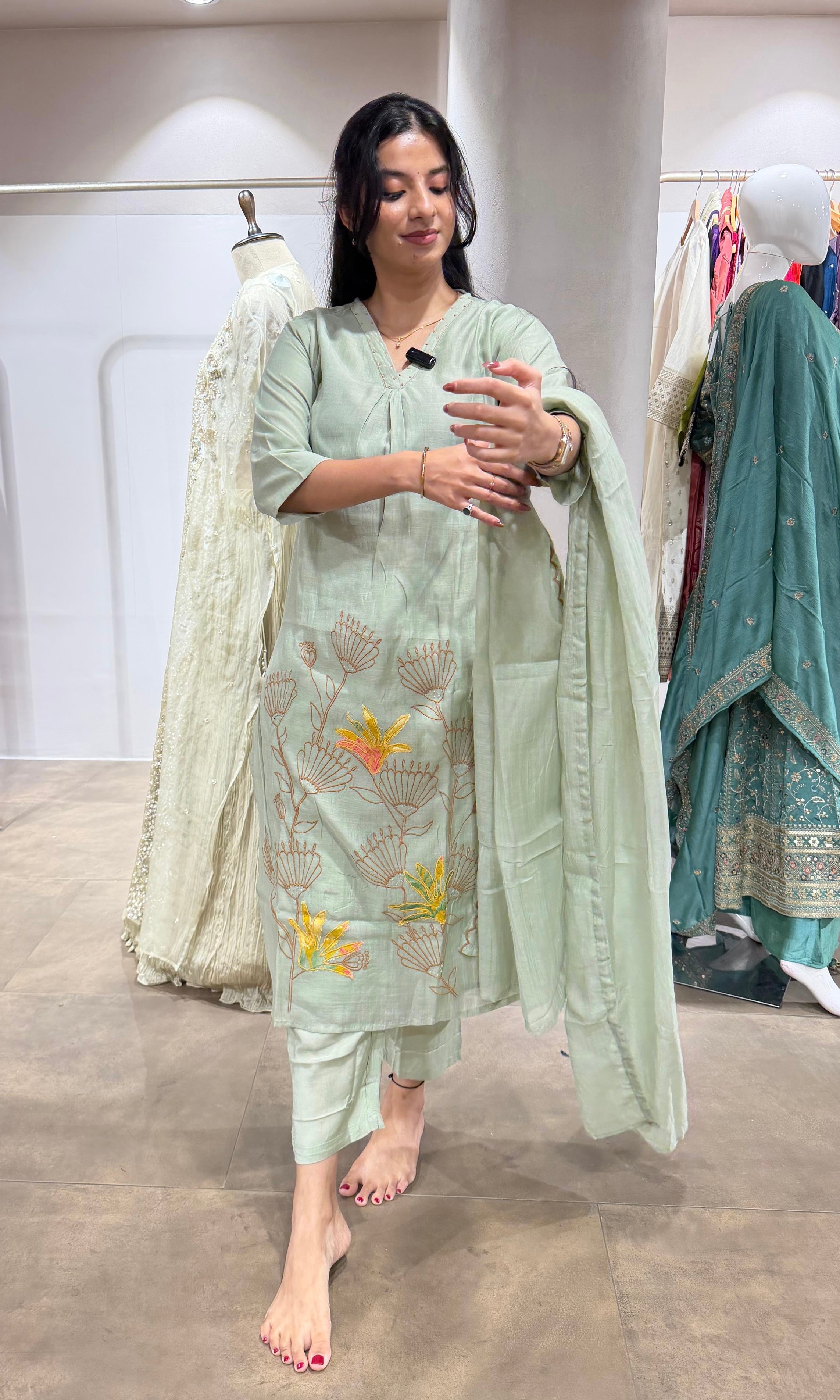 Pista green Floral Embroidered KURTA SET