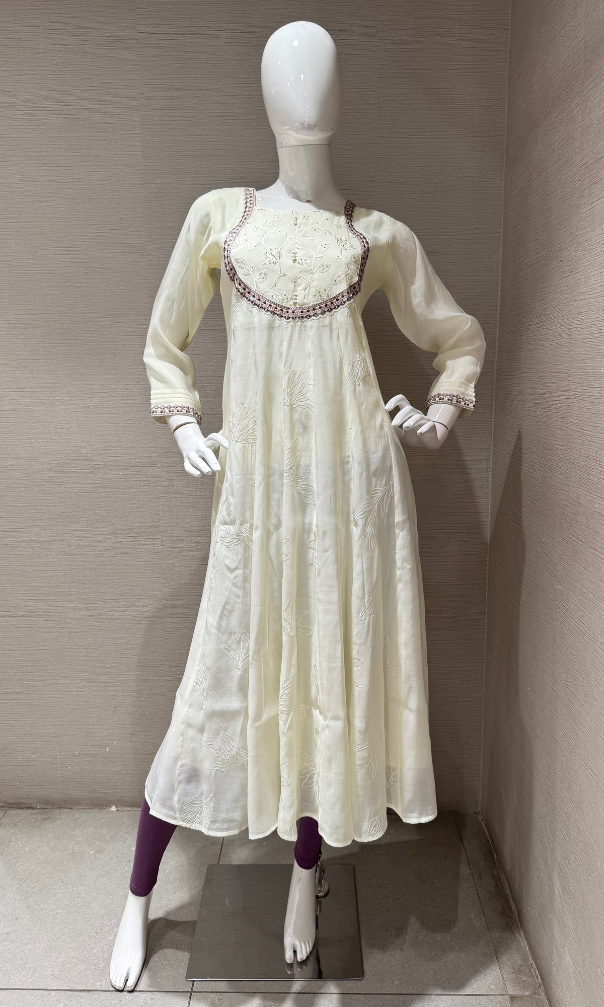 Cream Flared georgette Kurta top with Intricate Neckline