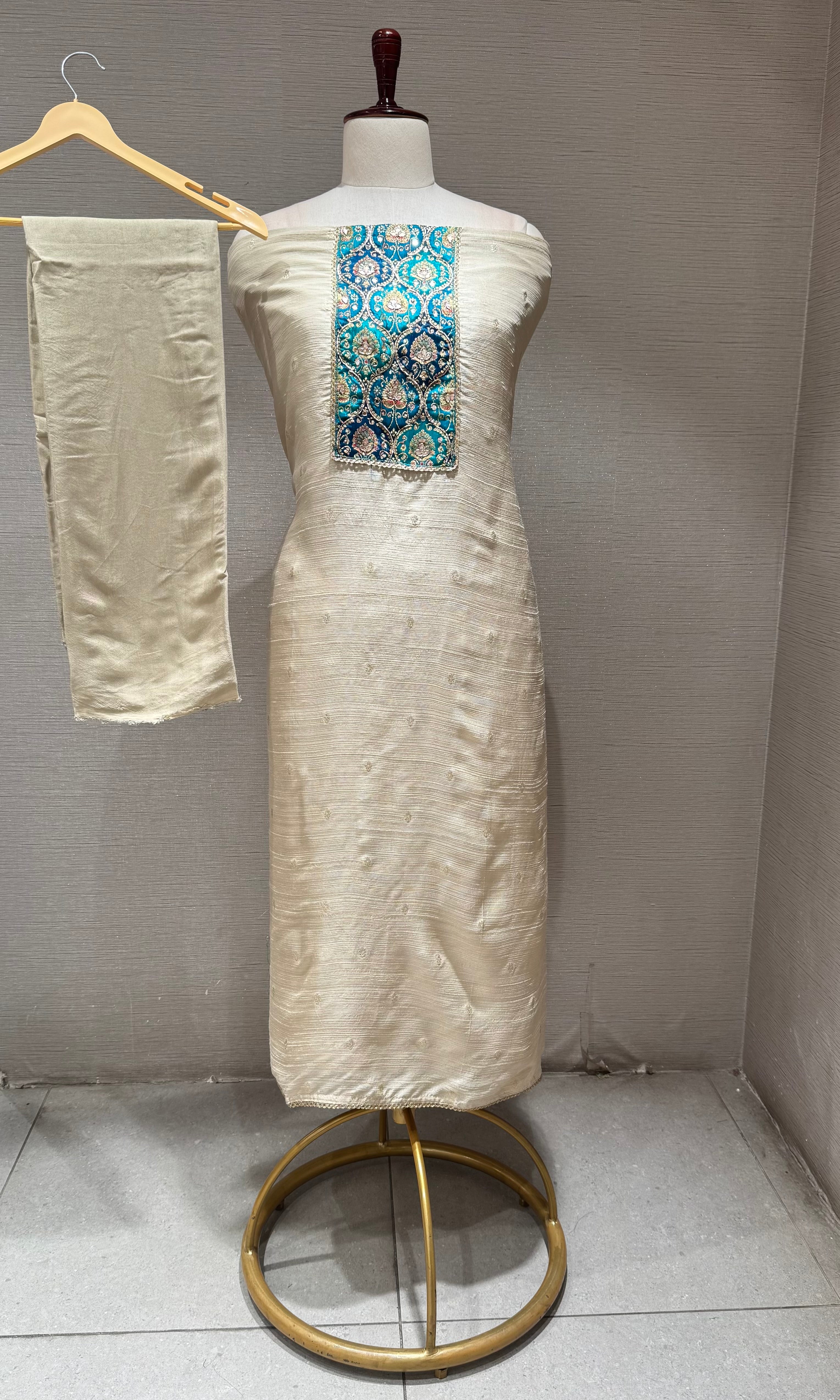 Teal Embroidered Ivory Dress Material