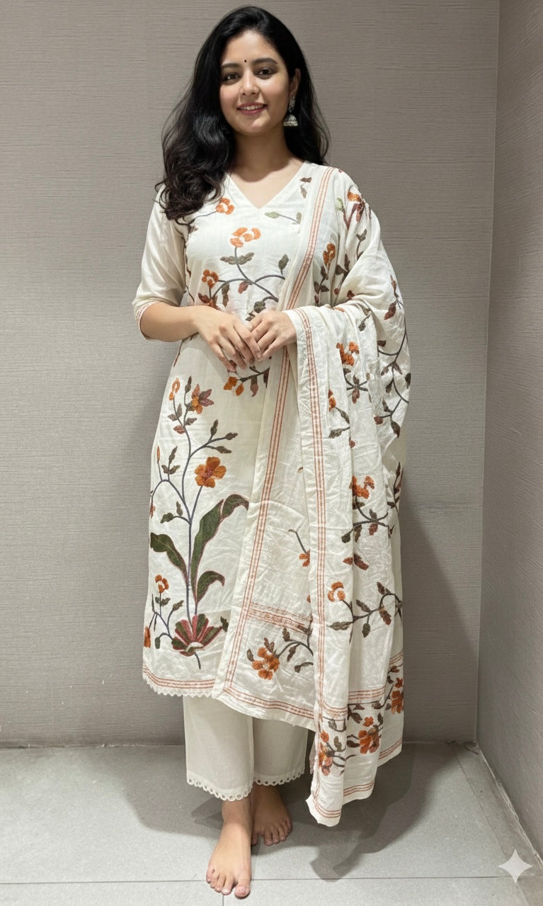Cream floral and leaf embroidery kurta set