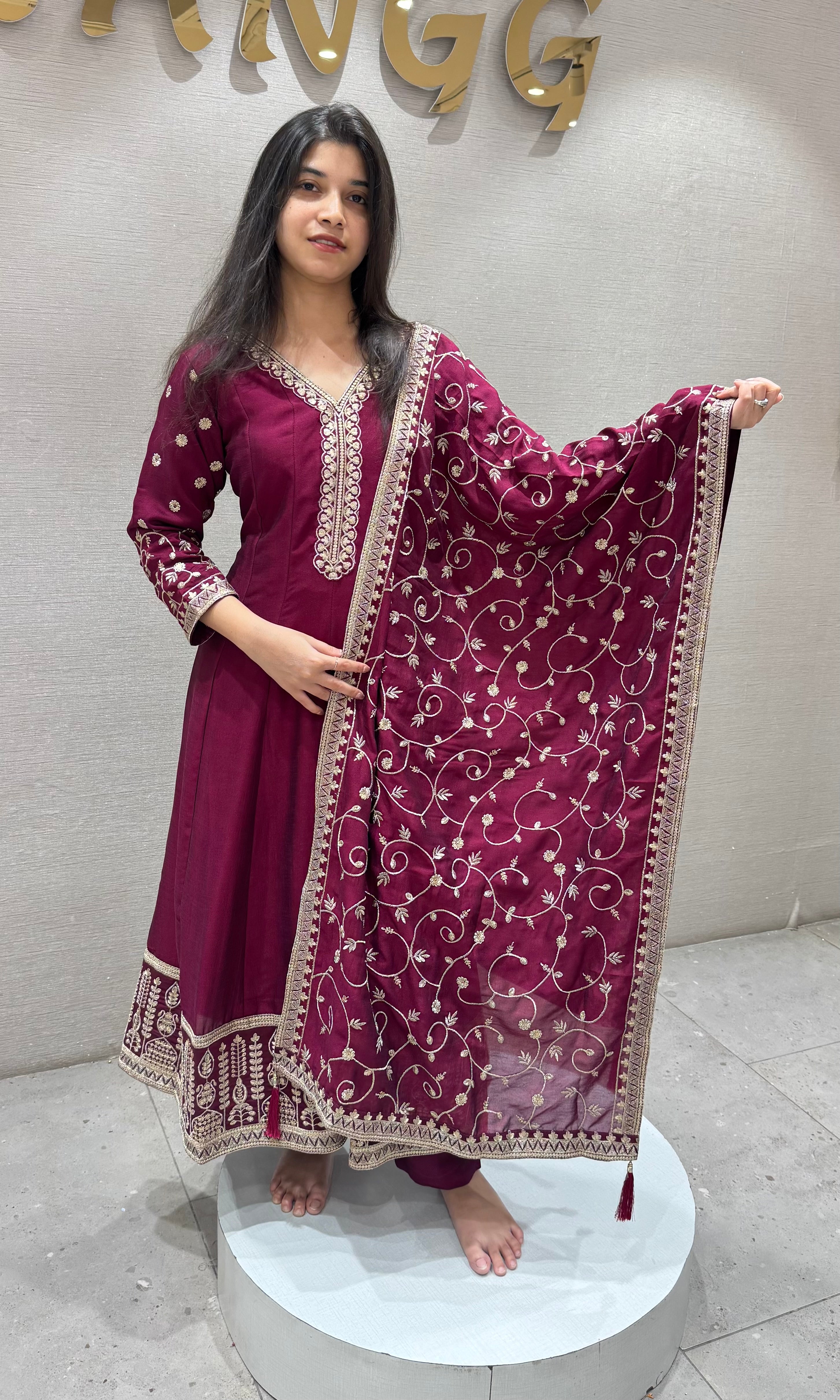 Wine Silk Embroidered Anarkali Set