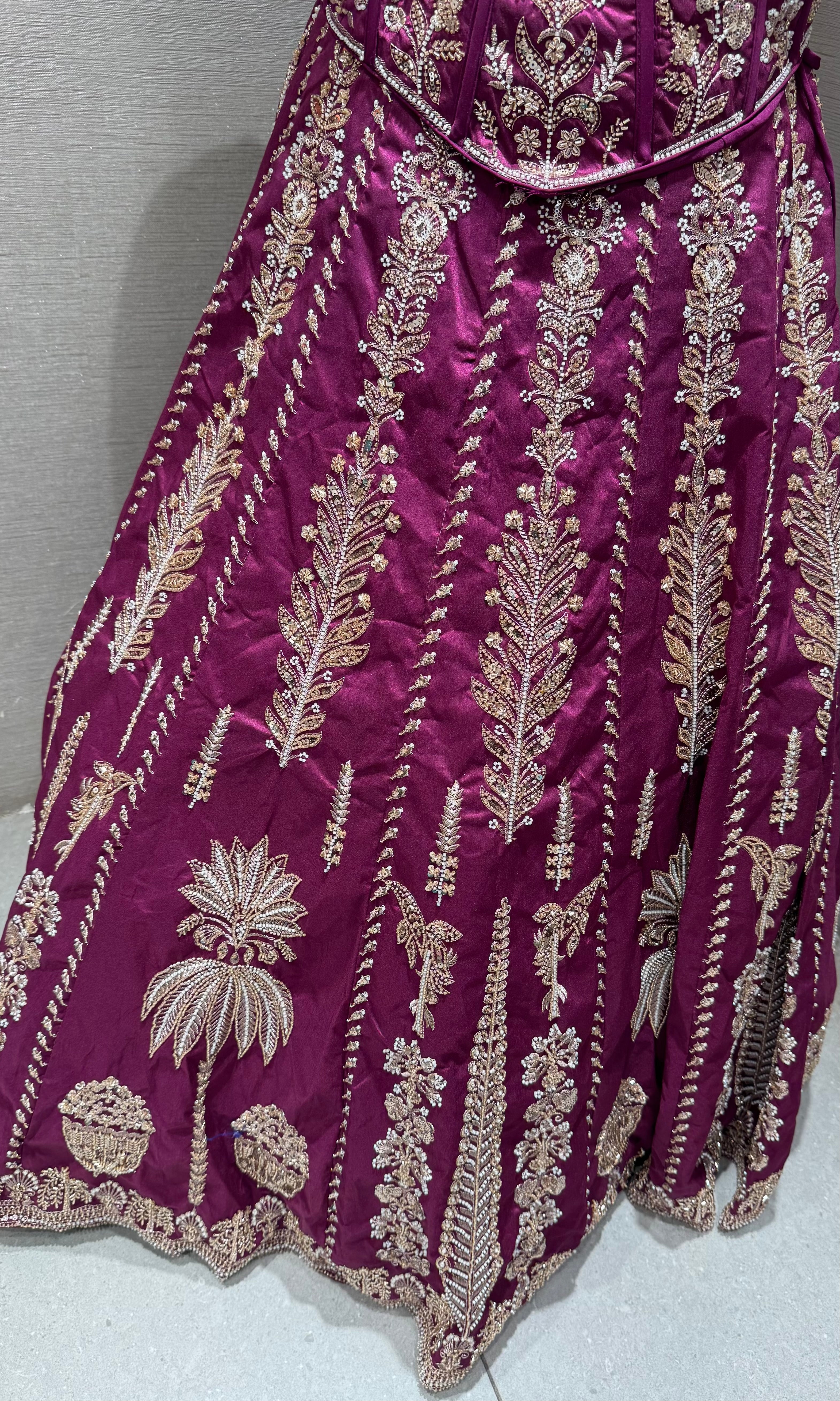 Wine embroidered peplum crop top lehenga set