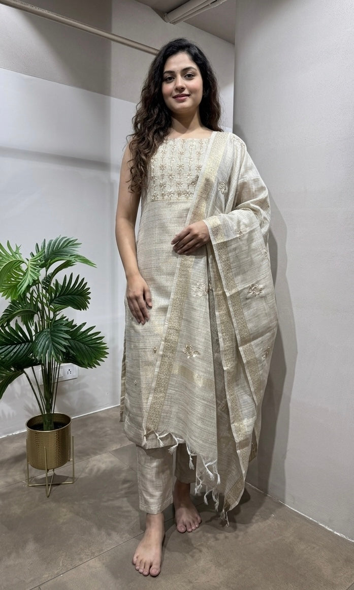 Fawn and Gold Embroidered Kurta Set