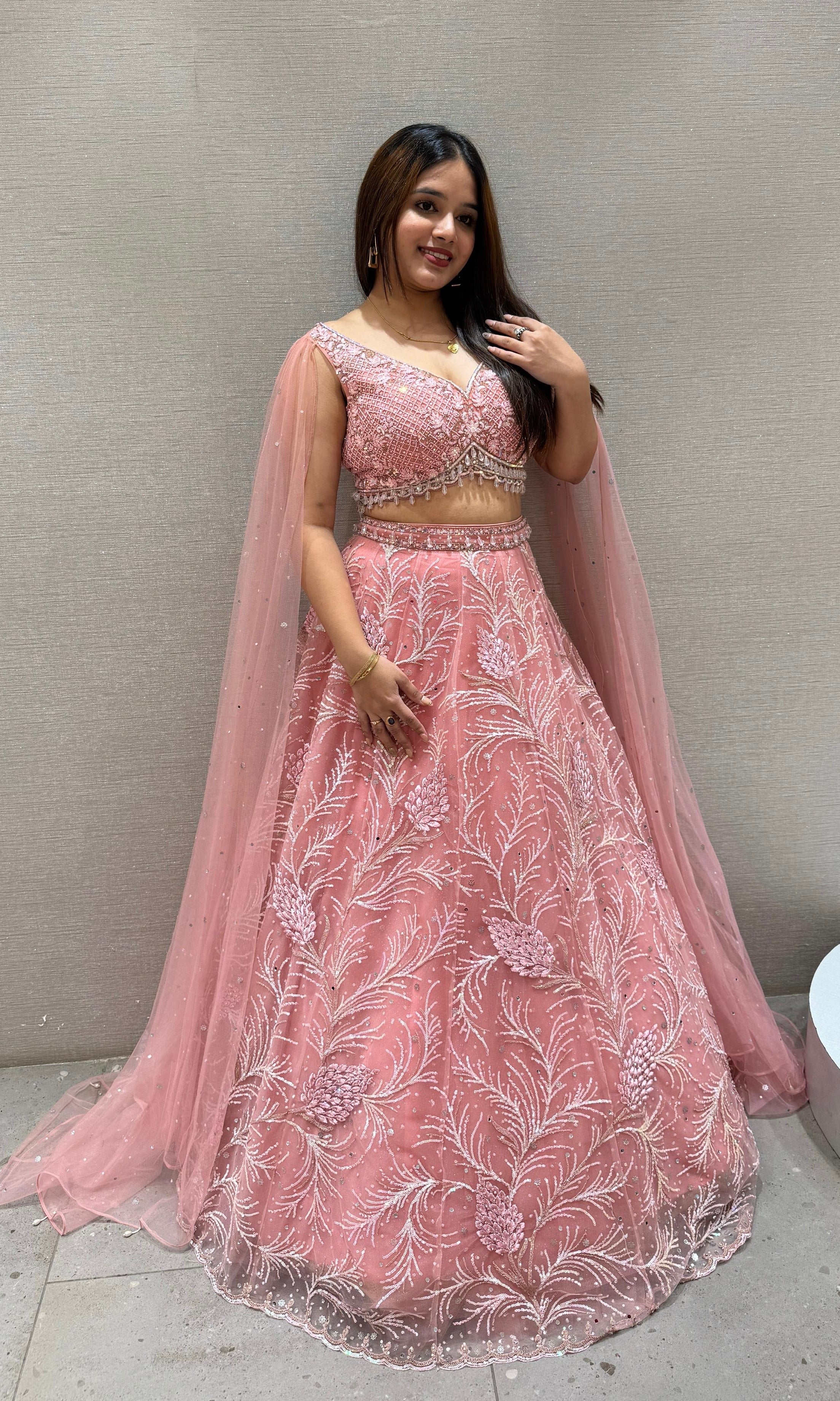 Peach butterflies sleeves Lehenga