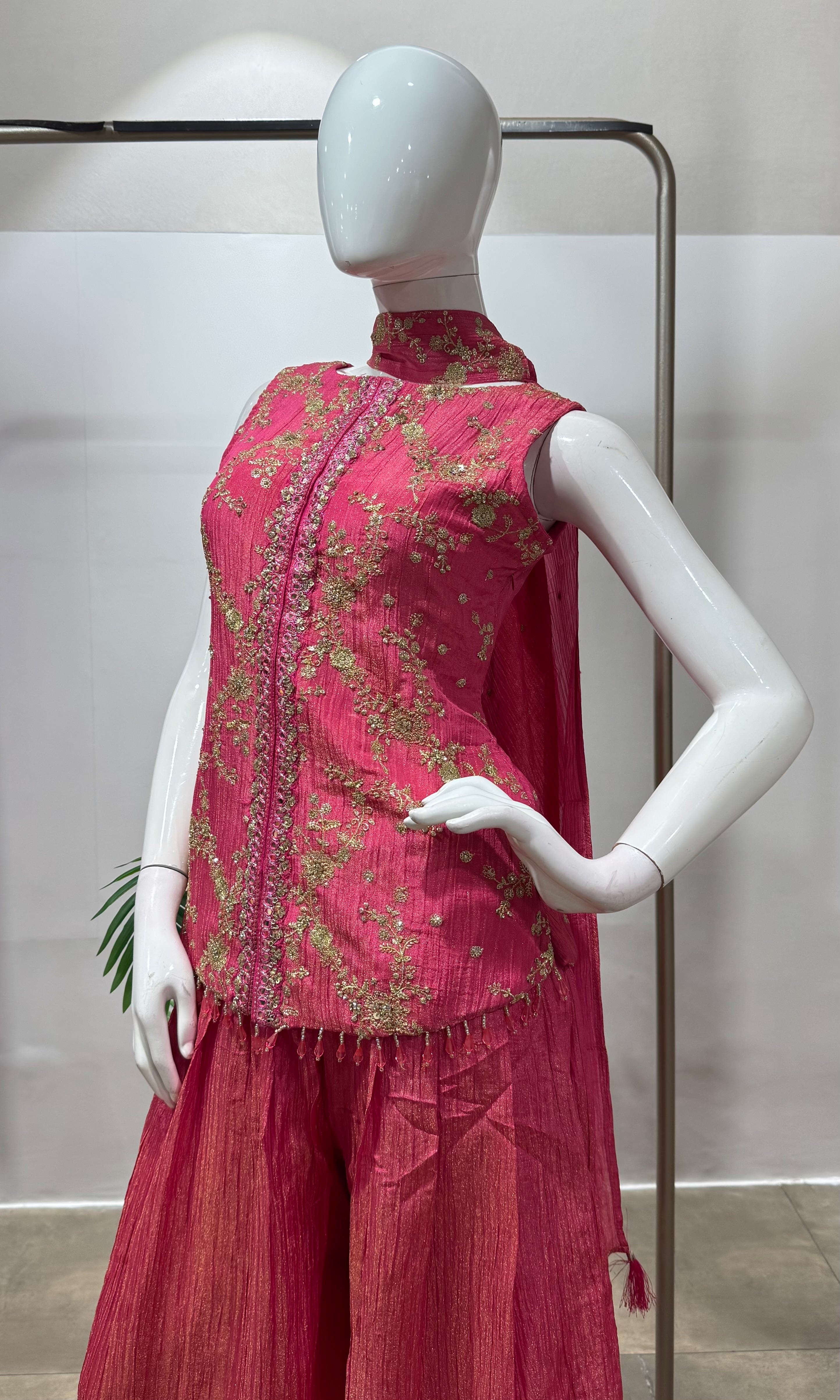 Pink embroidered peplum palazzo set