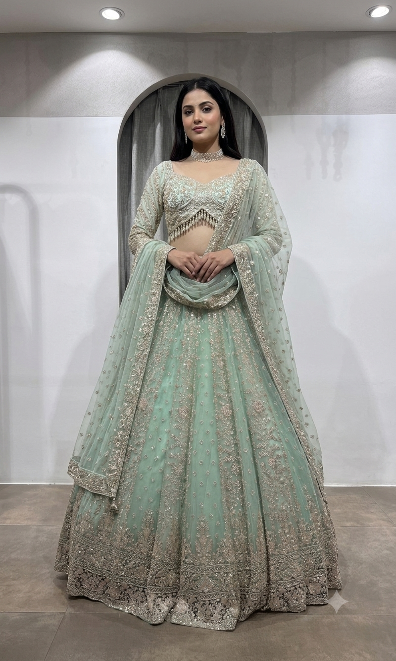 Pista Green Bridal Lehenga with Shimmering Border