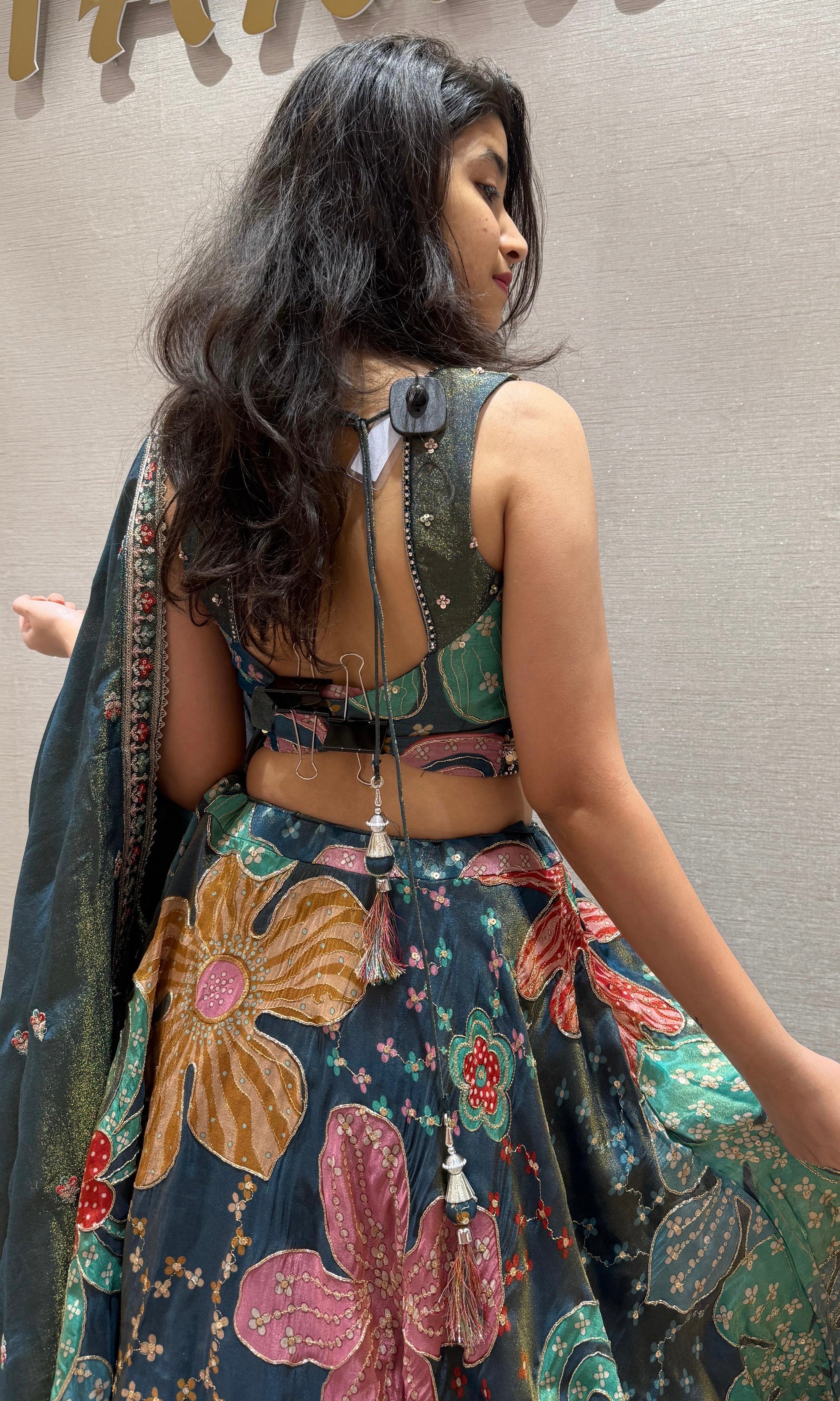 Teal Base Lehenga With Multicolour Floral Print