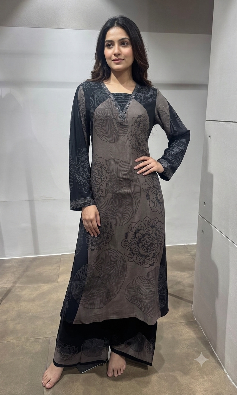 Grey Charcoal Damask Layered Kurta Set