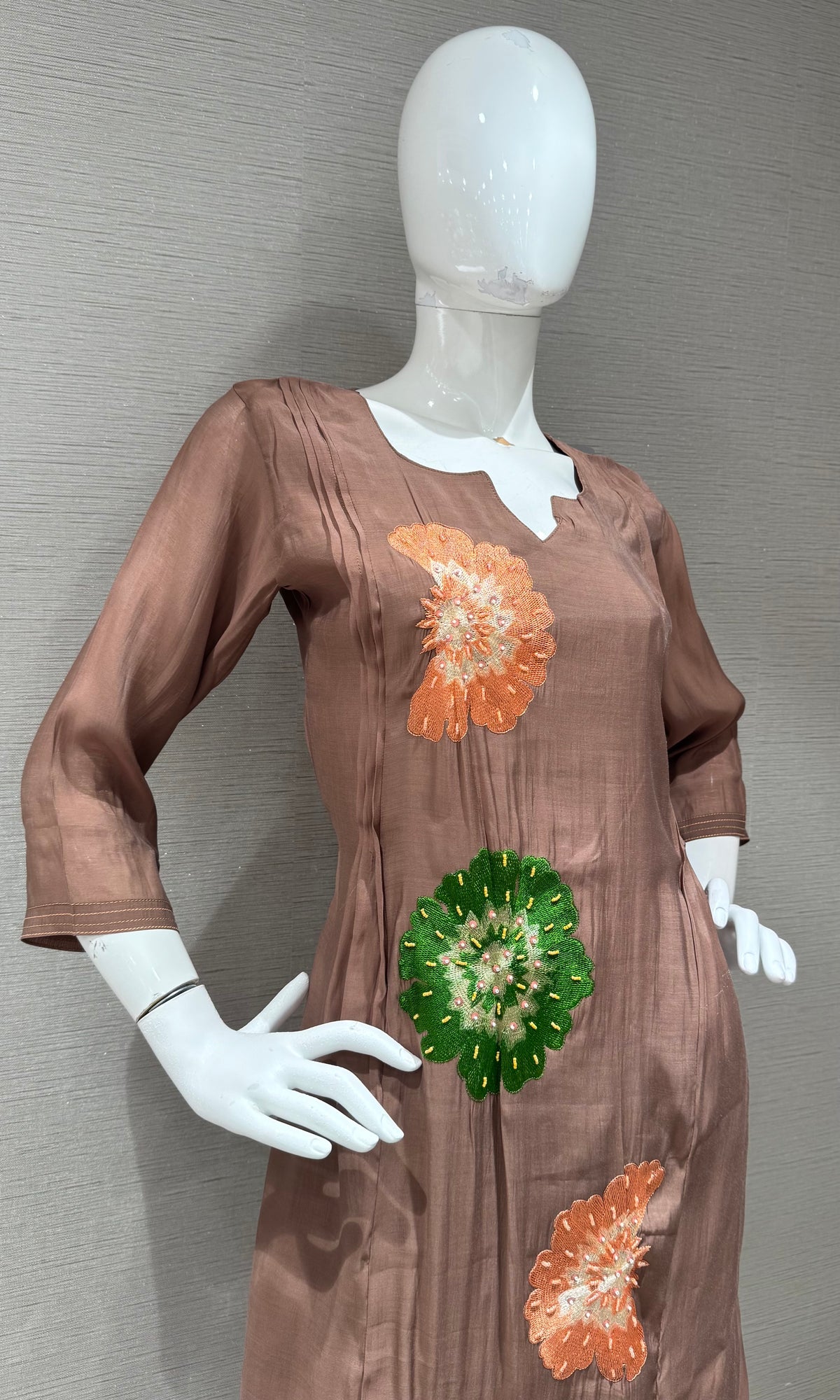 Light Brown cotton silk Floral Motif Kurta set with dupatta
