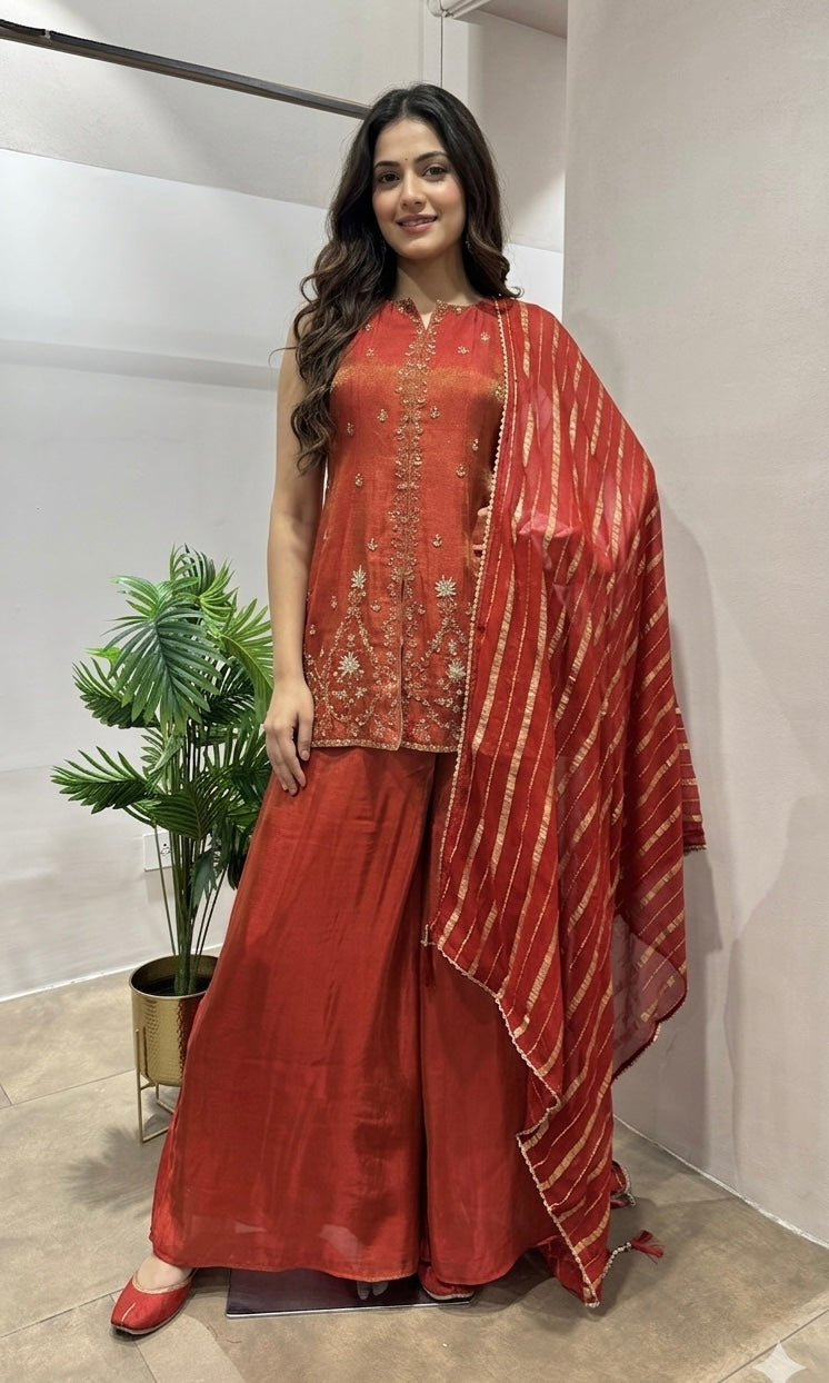 Rust golden anarkali with palazzo set