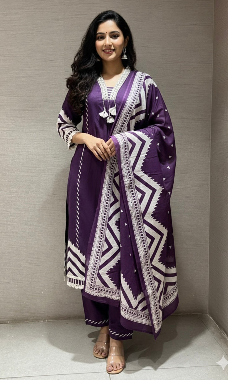 PURPLE ethnic white lace kurta set