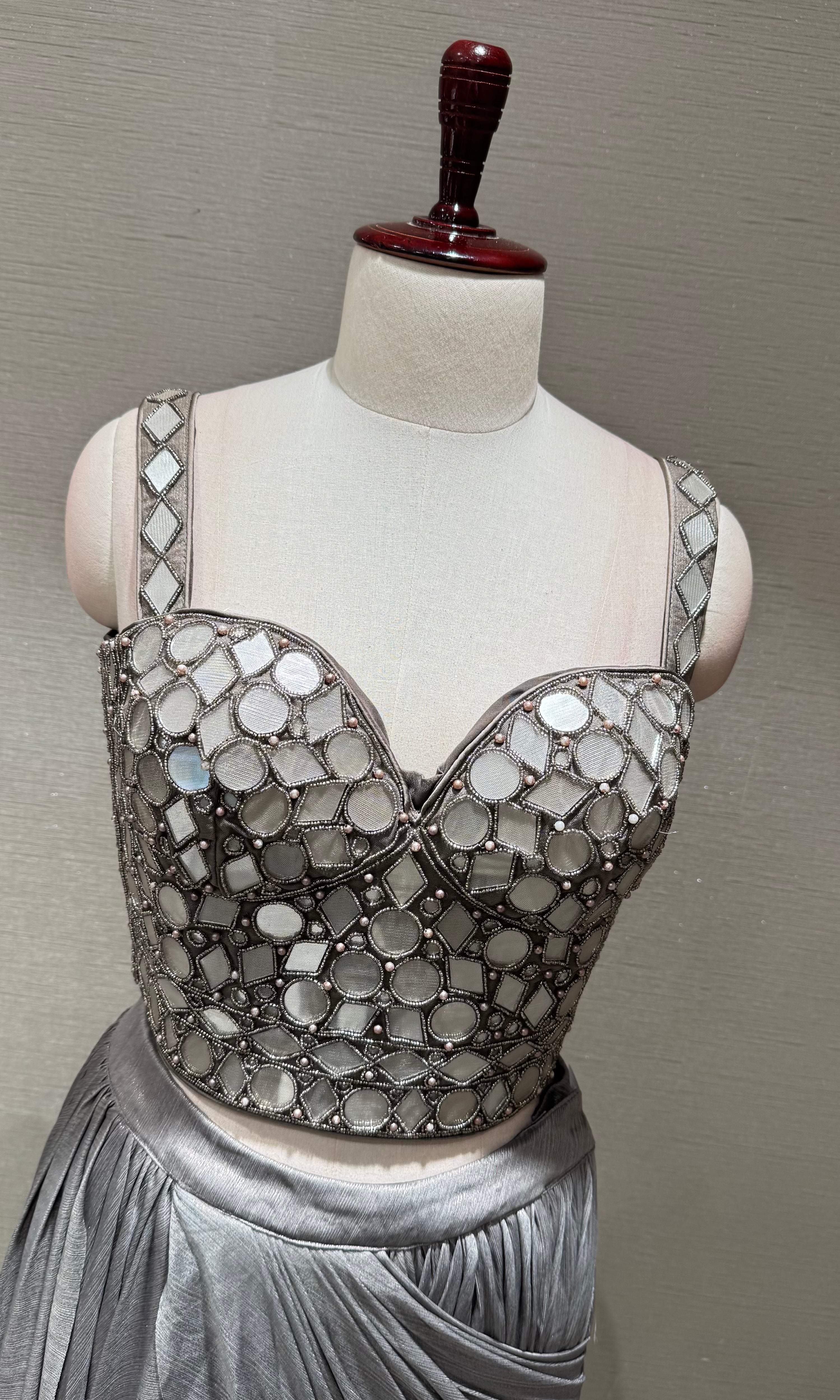 Metallic Grey Embellished Saree with corset blouse