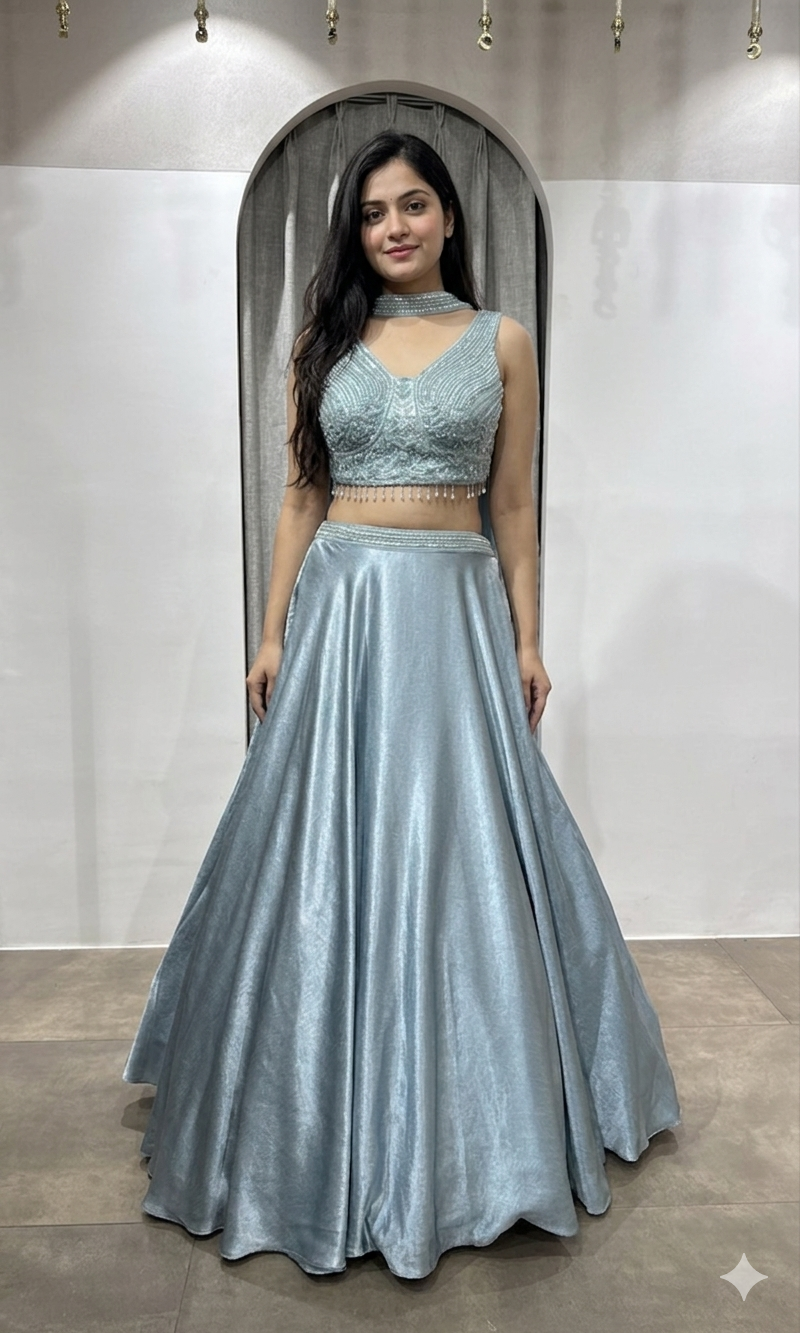 Sea green Lehenga with embroidered corset blouse