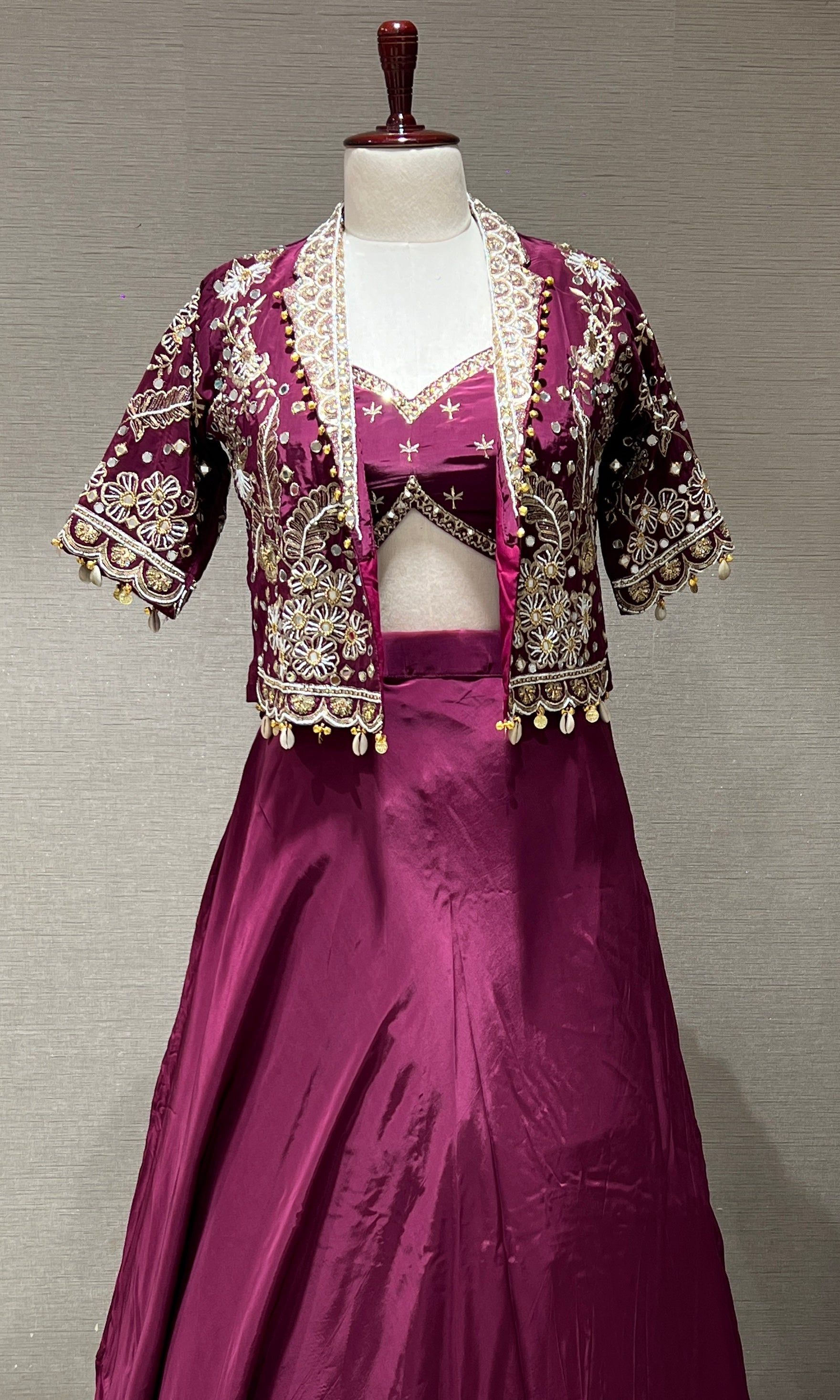 Wine Lehenga with Embellished Crop Jacket