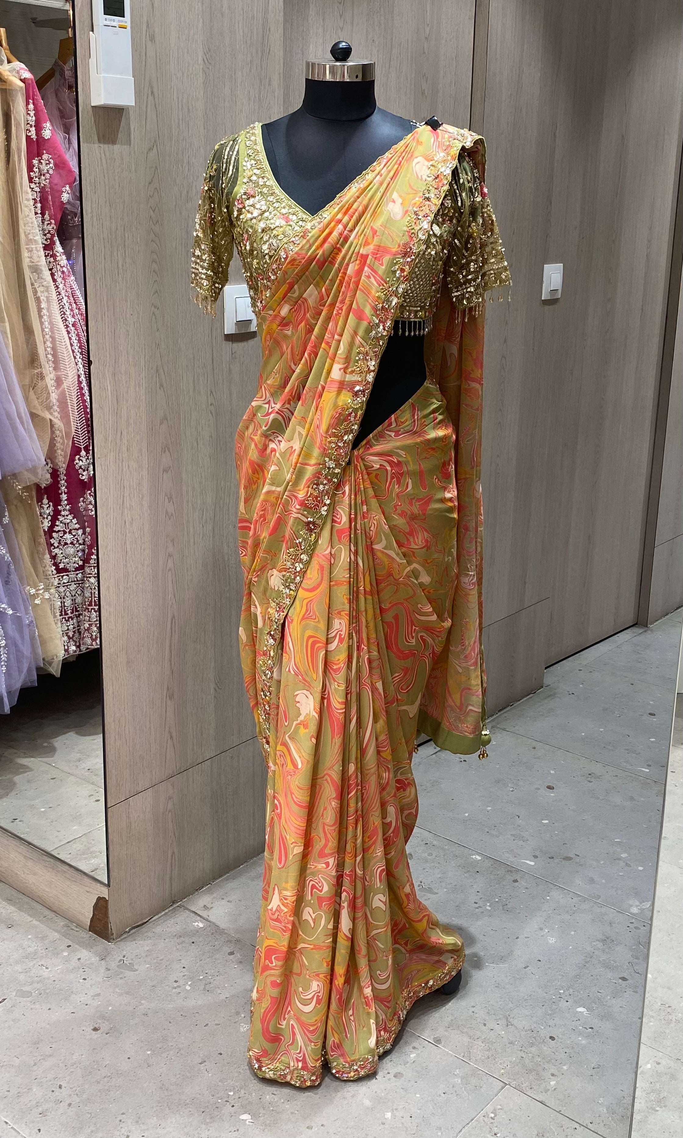 Green saree with ready blouse