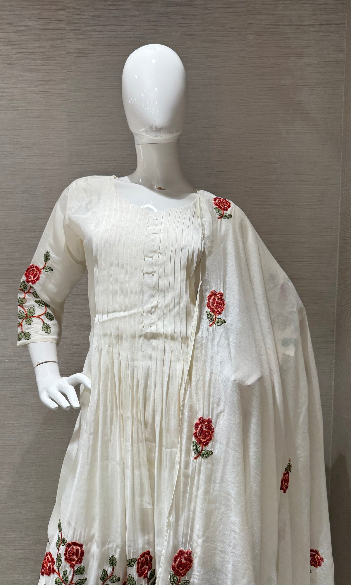 White Rose Floral Cotton Kurta set with Dupatta