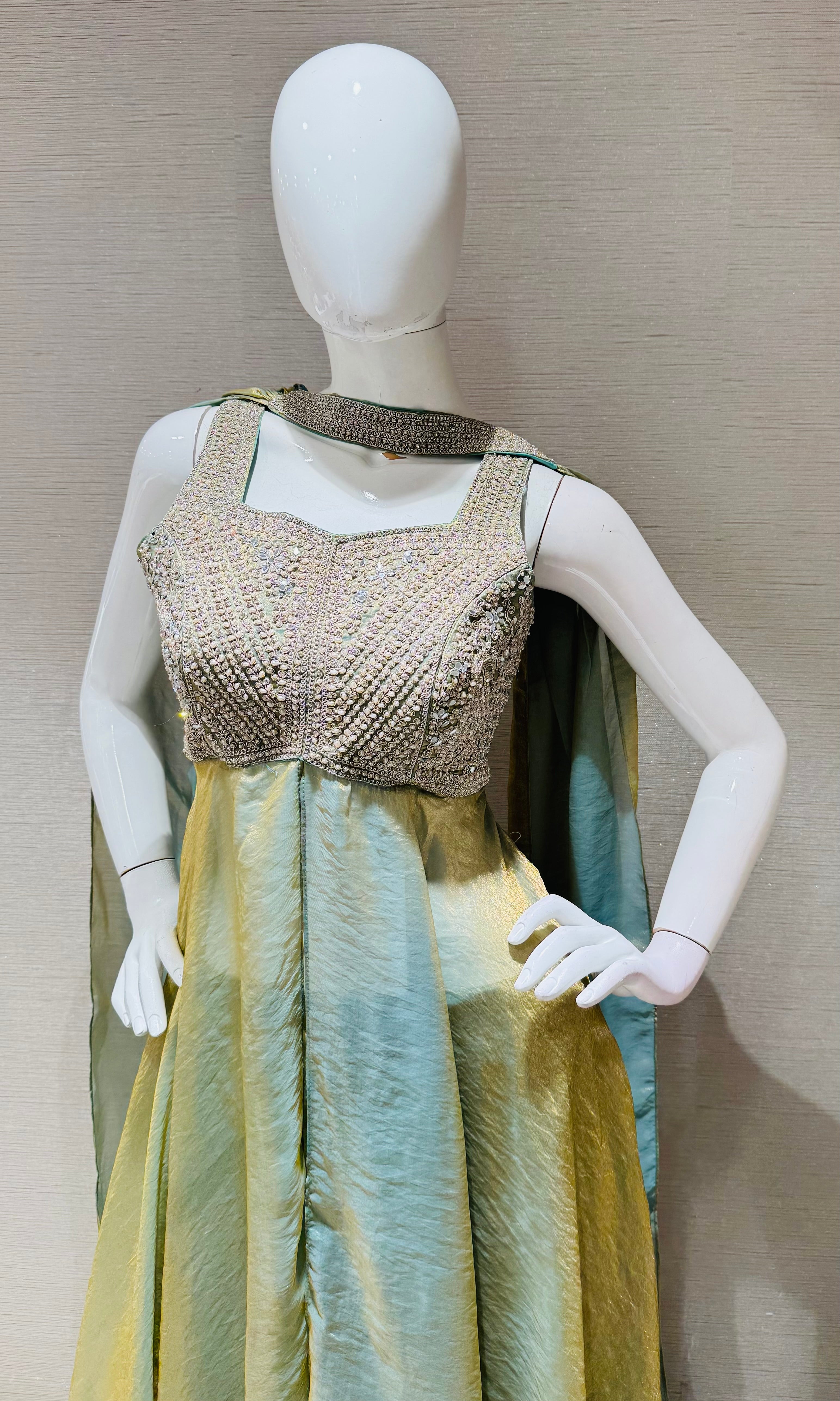 Green embroidered shimmer tissue palazzo set