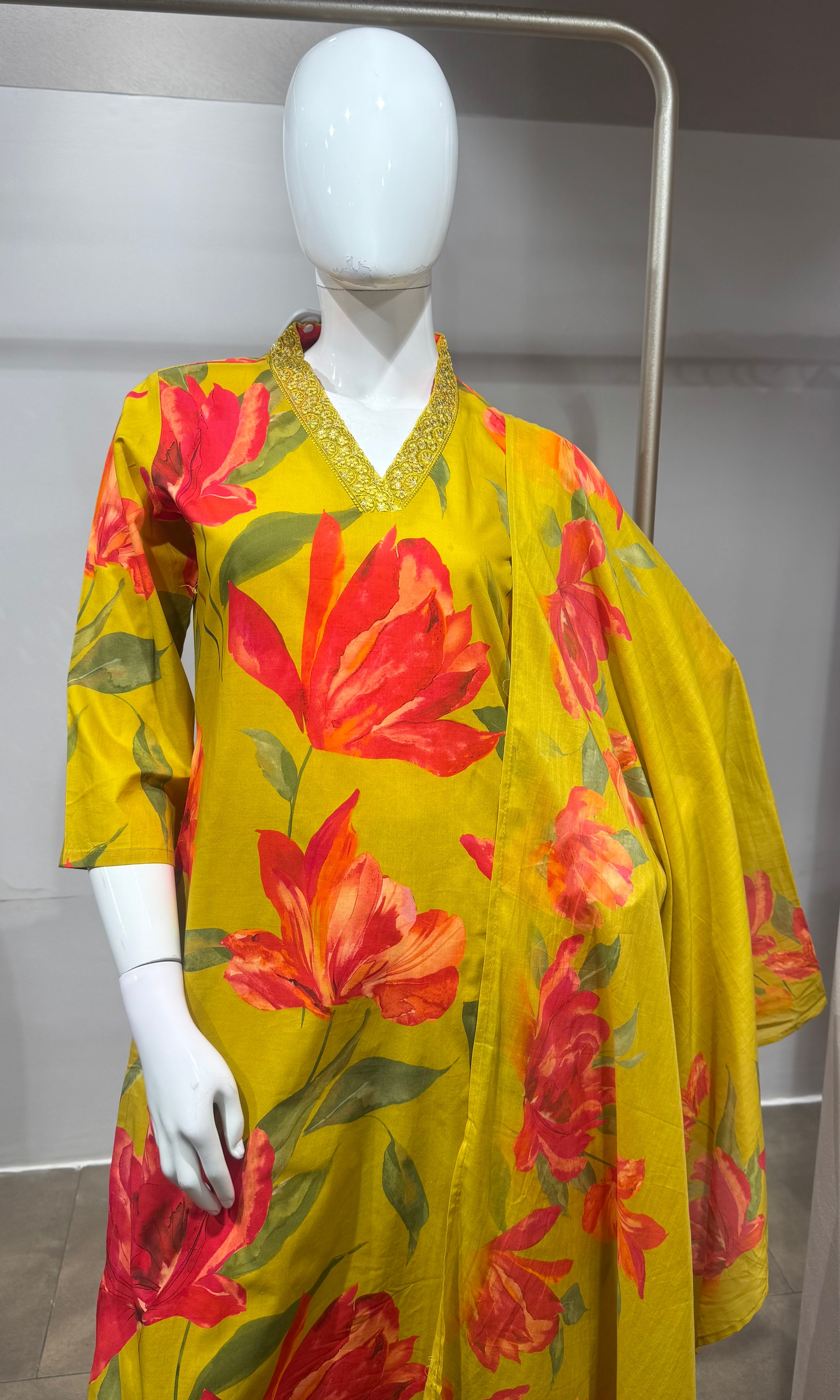 Mustard Botanical Printed Kurta Set