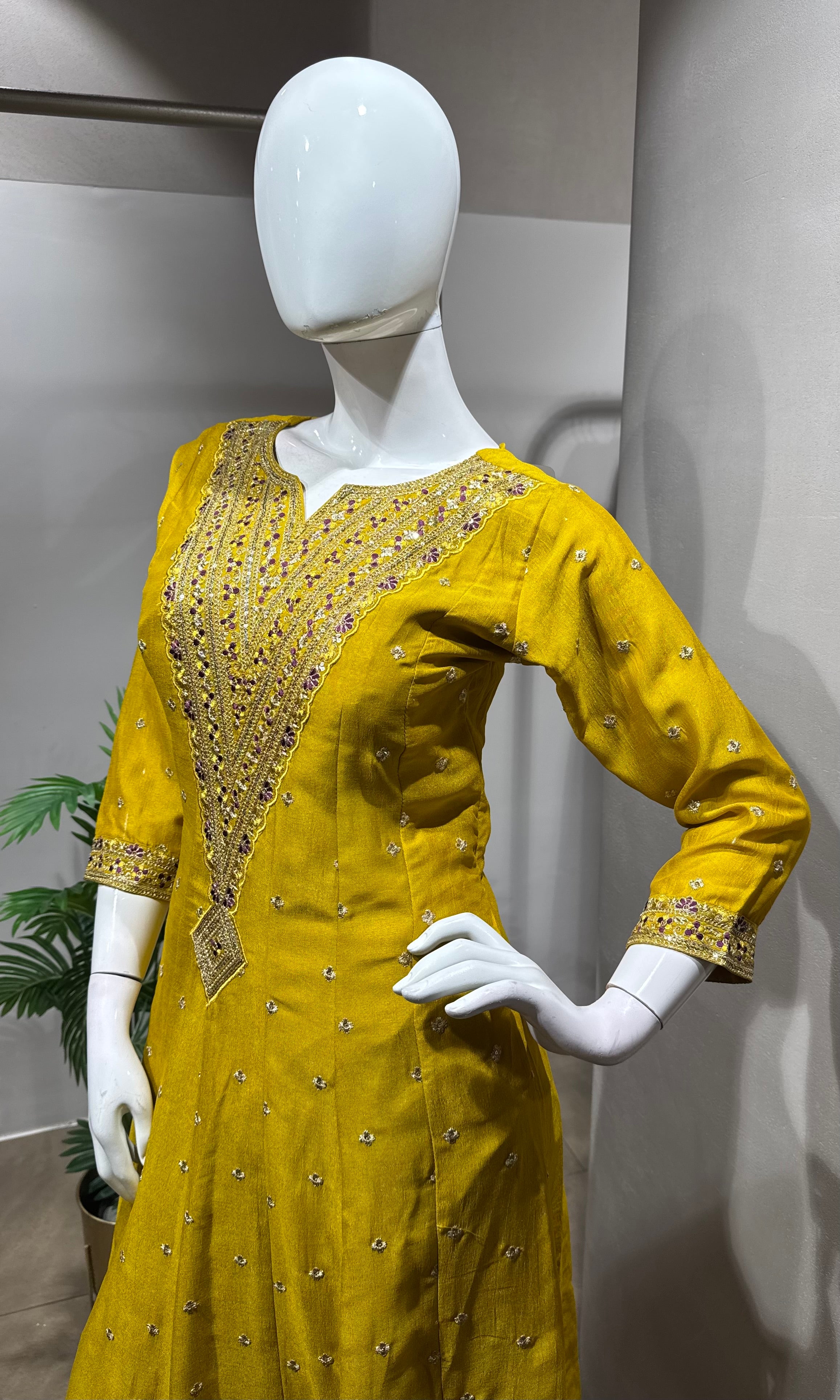 Mustard embroidered Anarkali with Dupatta