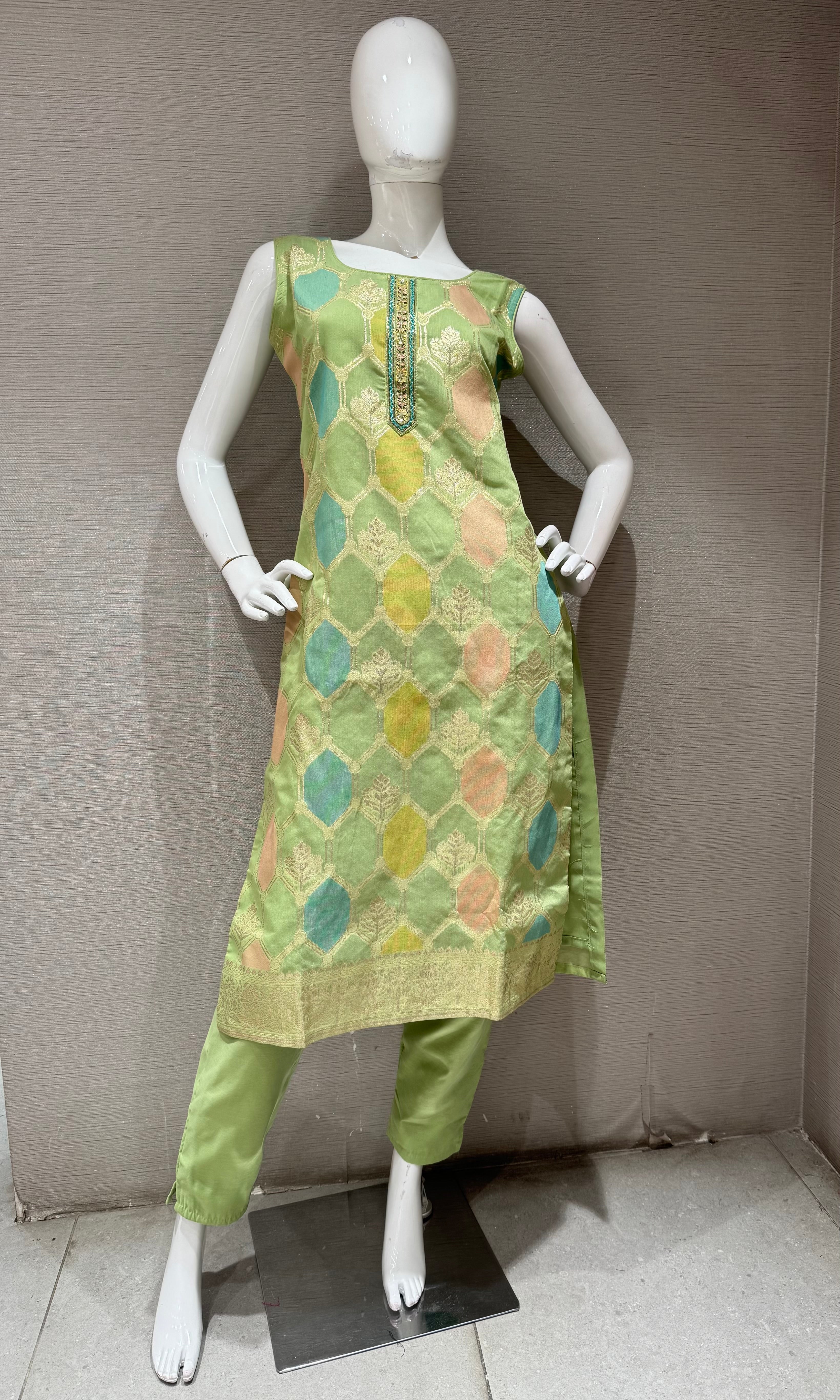 Pista Green Silk Salwar Suit with Multicolor Printed Dupatta