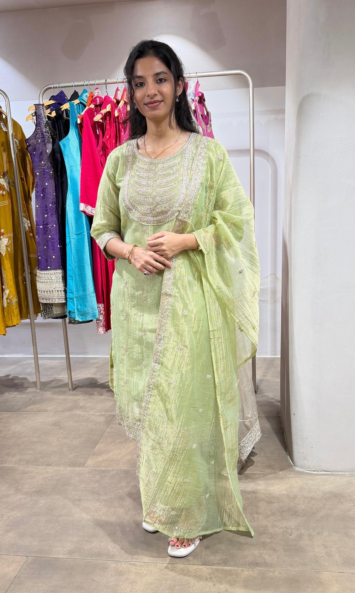 Green Shimmer tissue kurta set with Gold Embroidery
