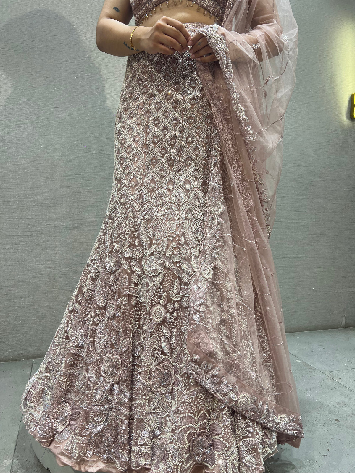 Onion Pink Embroidered fish cut Lehenga with Sheer Dupatta