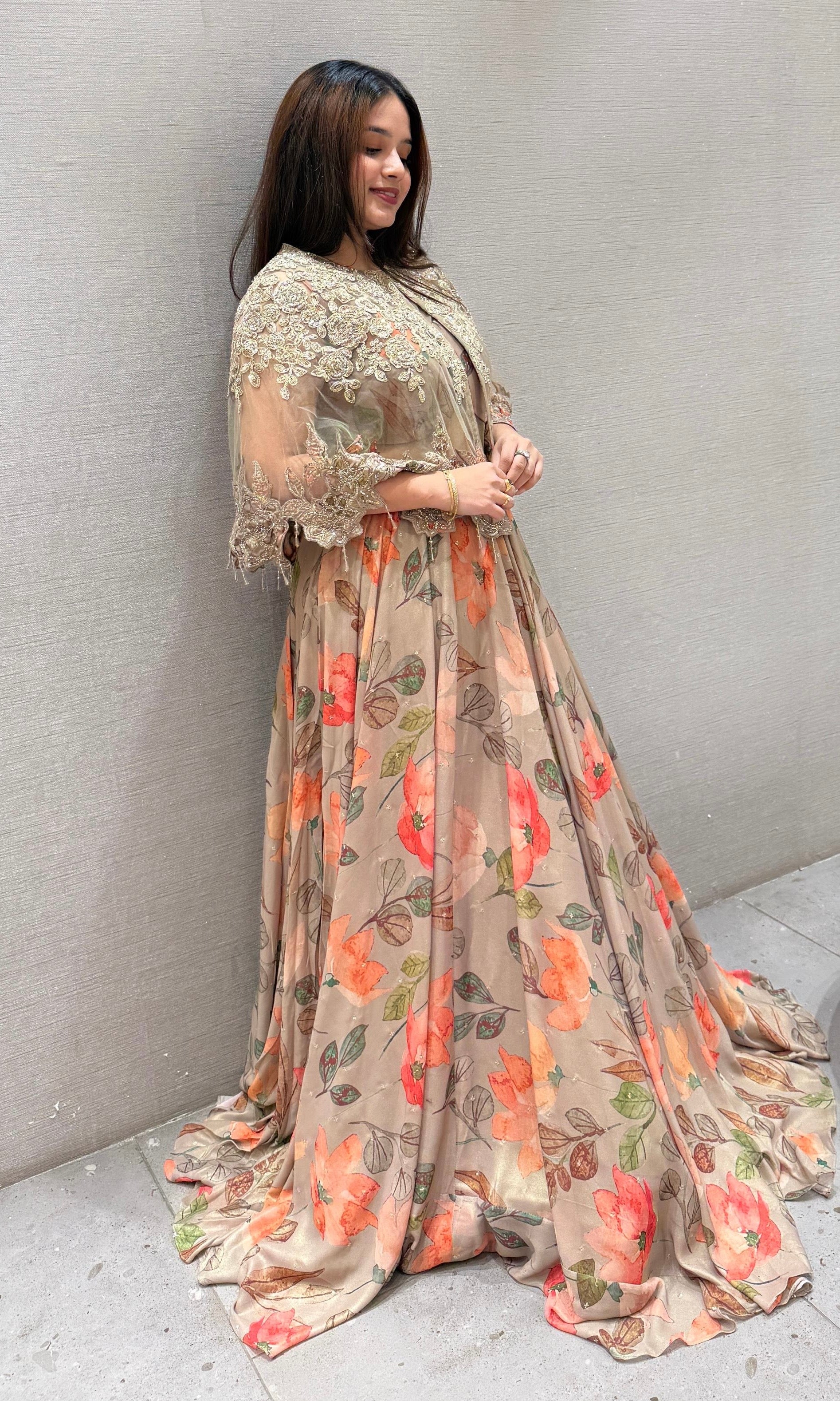 Brown floral with over coat Lehenga