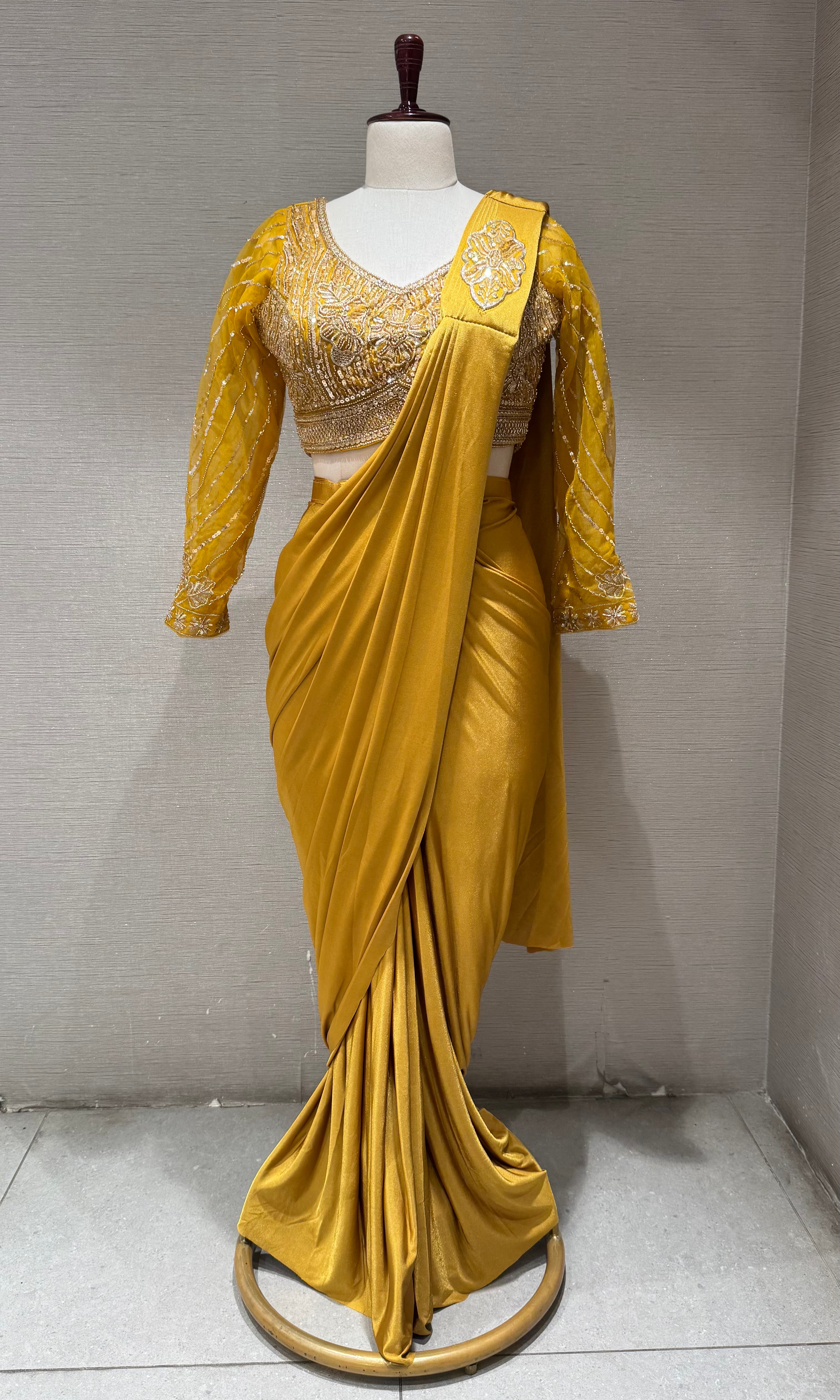 Yellow Satin Drape Saree with Embroidered Blouse