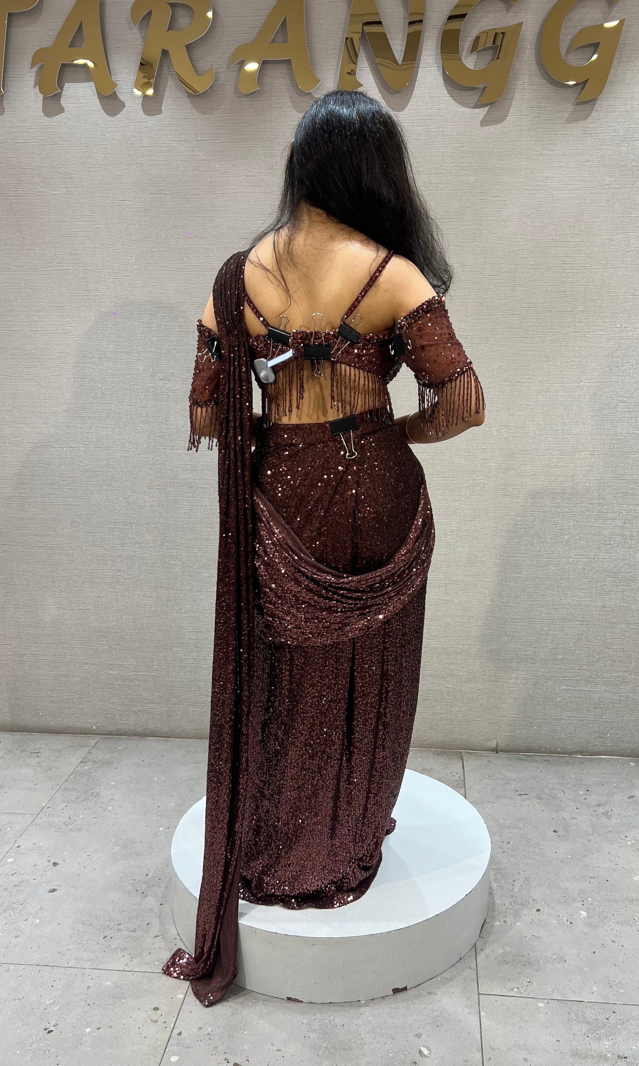Copper Sequined Draped Saree with Off-Shoulder Blouse