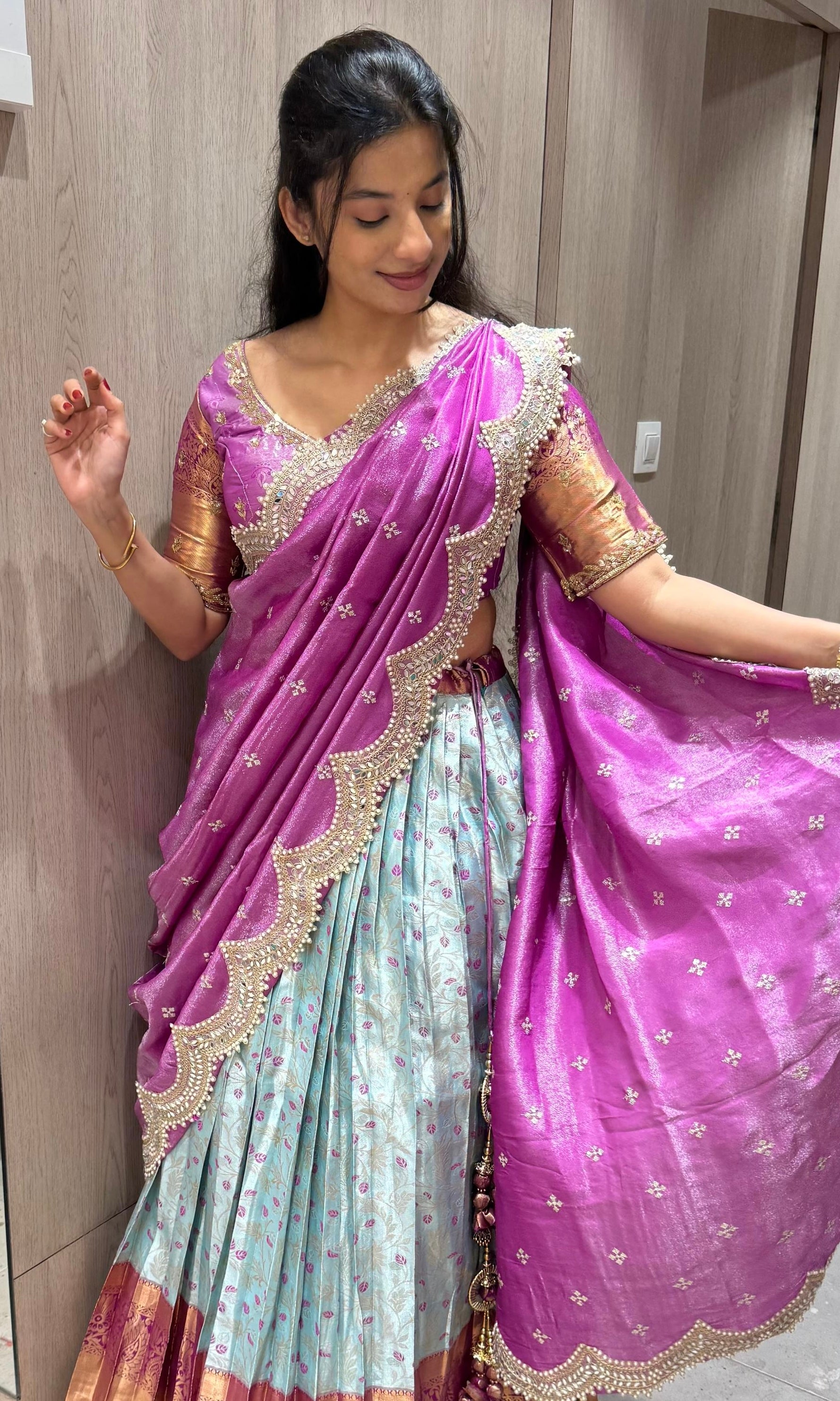 Ice blue And purple pink pattu half saree