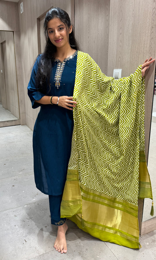 Blue kurta set with green gajji dupatta