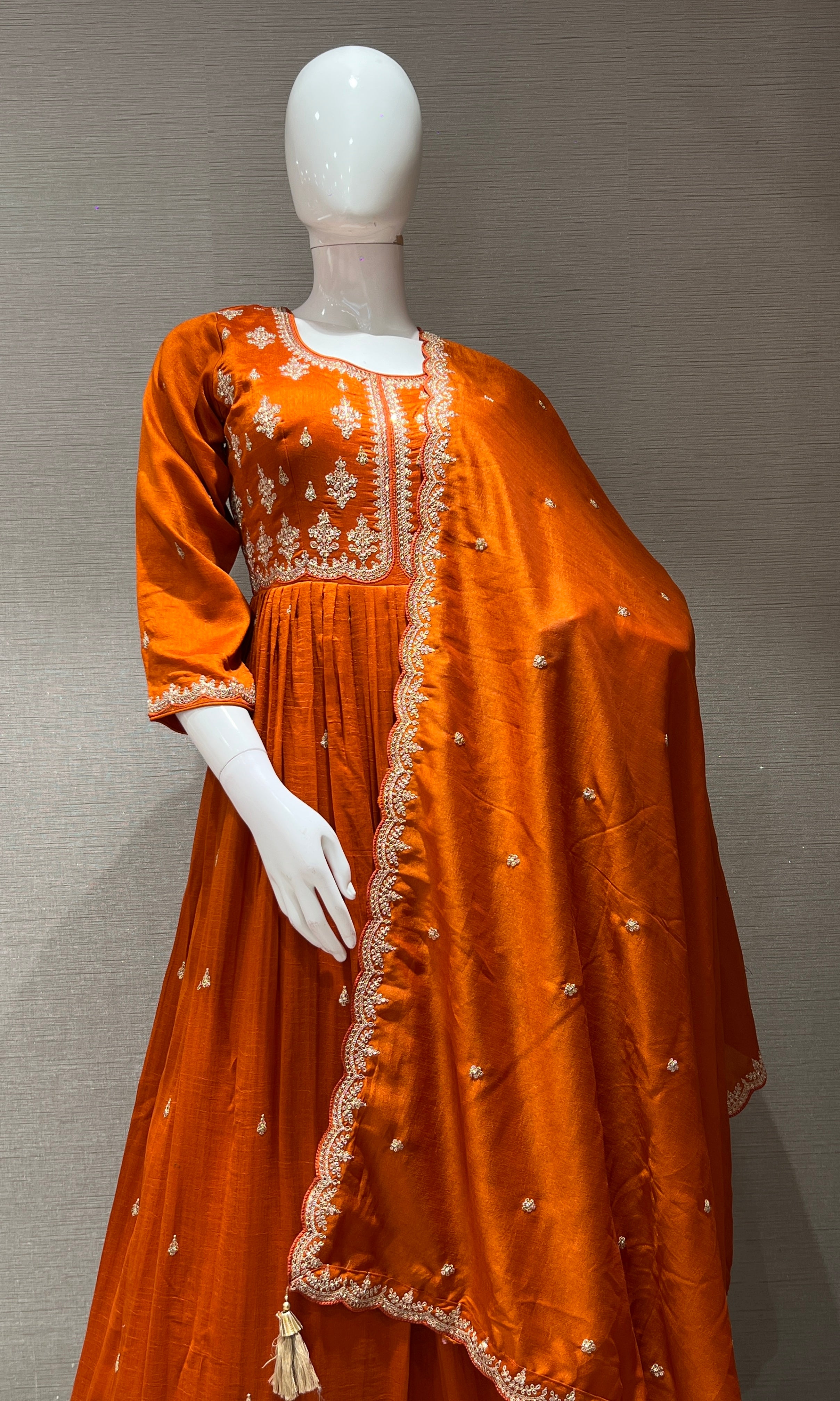 Rust EMBROIDERED LONG ANARKALI DRESS