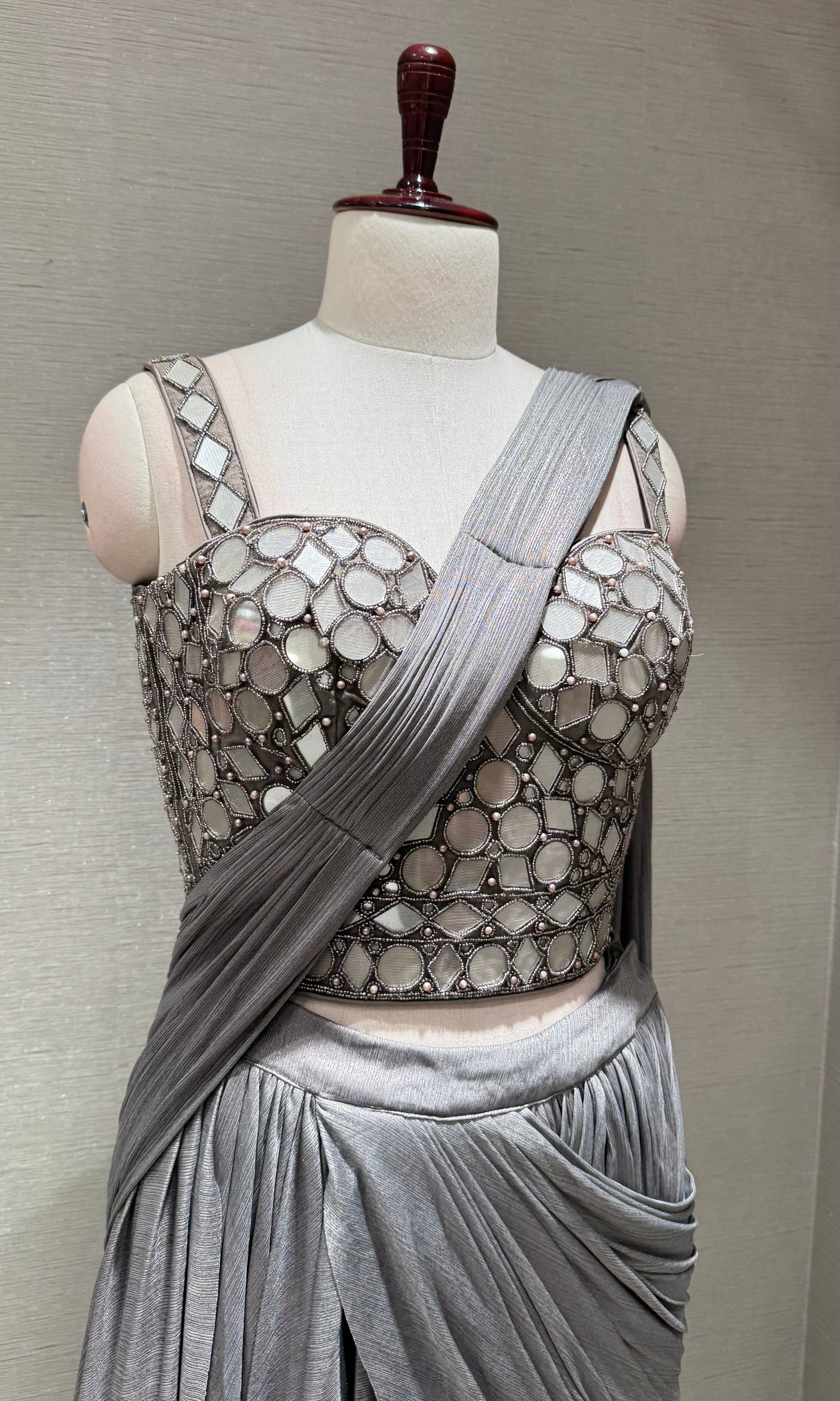 Metallic Grey Embellished Saree with corset blouse