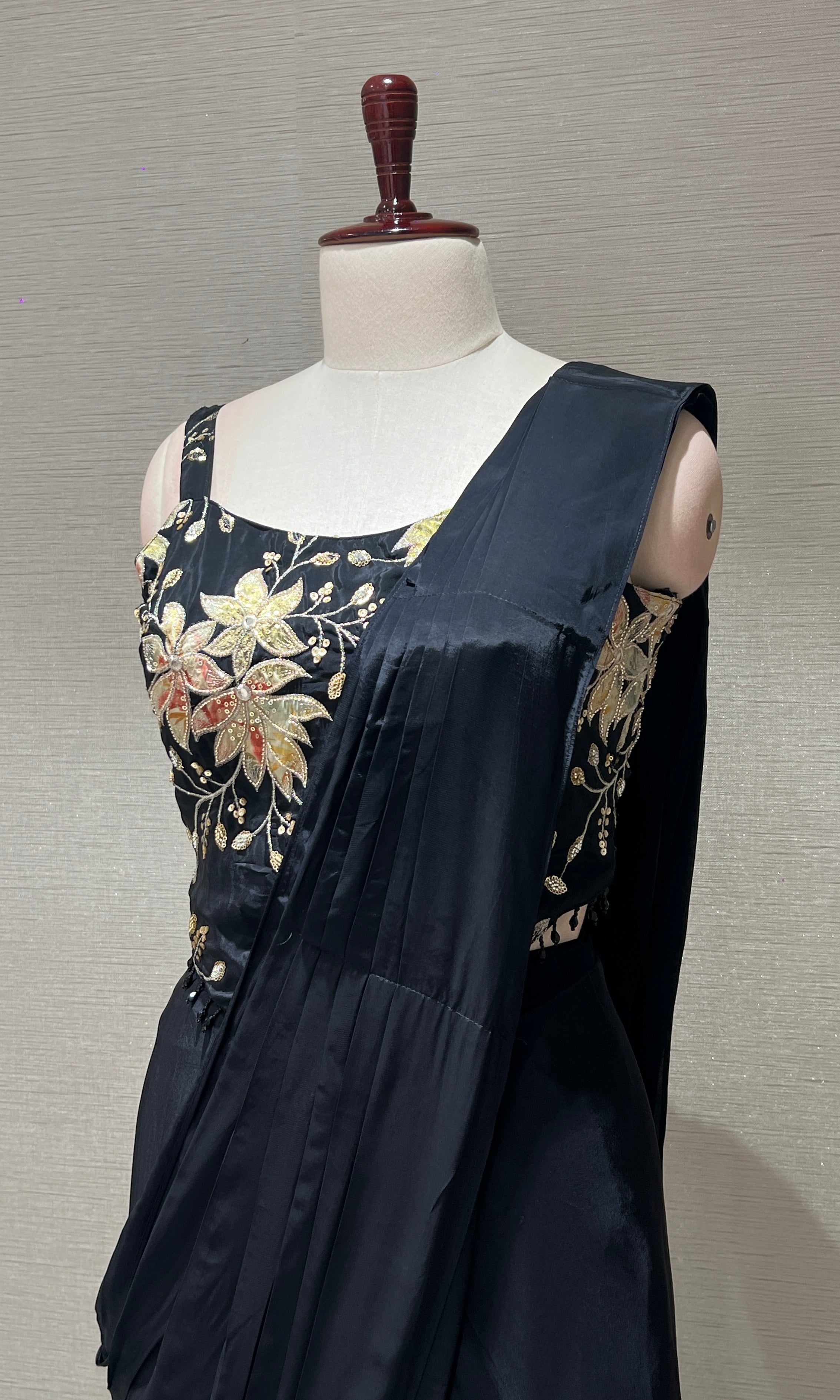Black drape saree WITH FLORAL CORSET BLOUSE