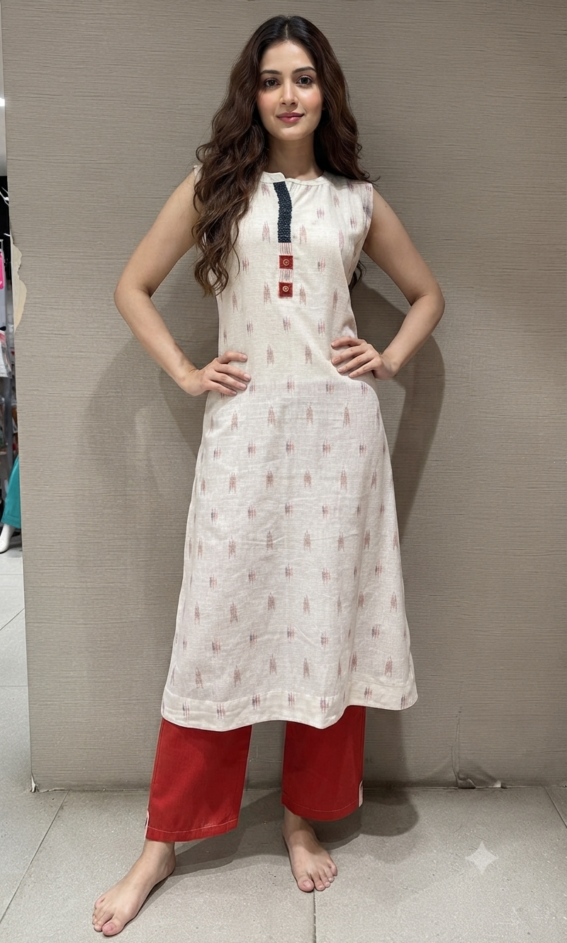 White Kurta with Red Motif Prints top bottom