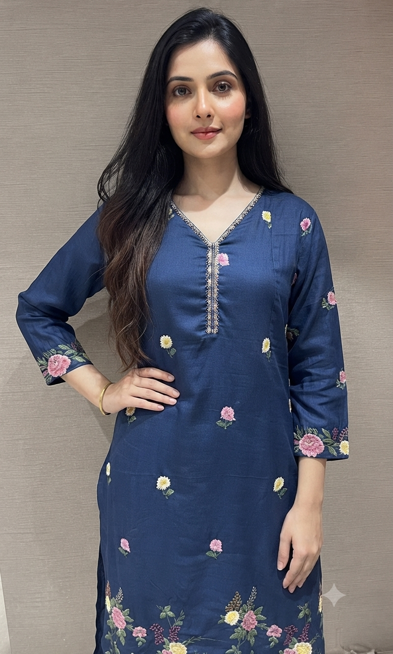 Blue Floral Chanderi Ethnic Kurta set