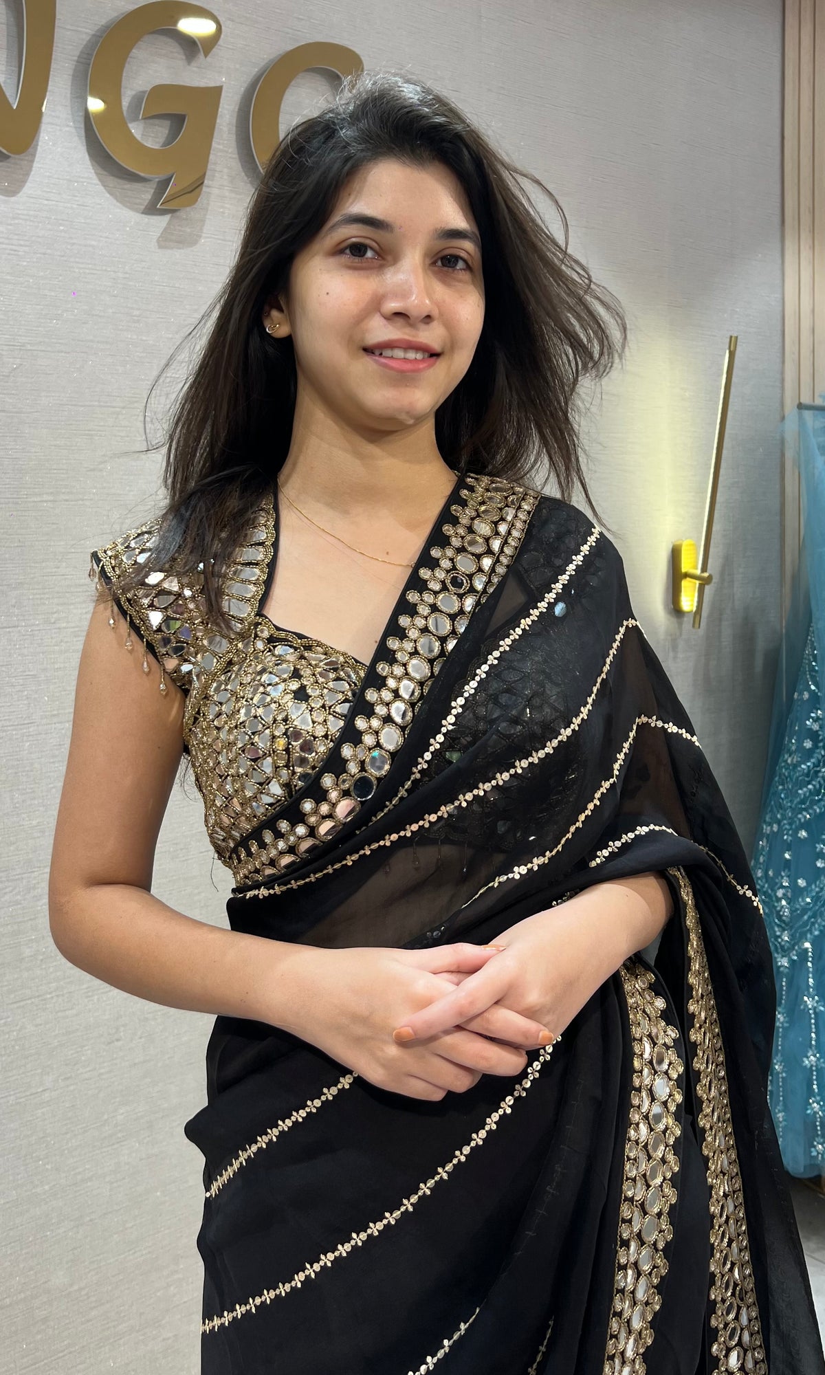 Black Georgette Saree with Golden Zari & Mirror Embroidery