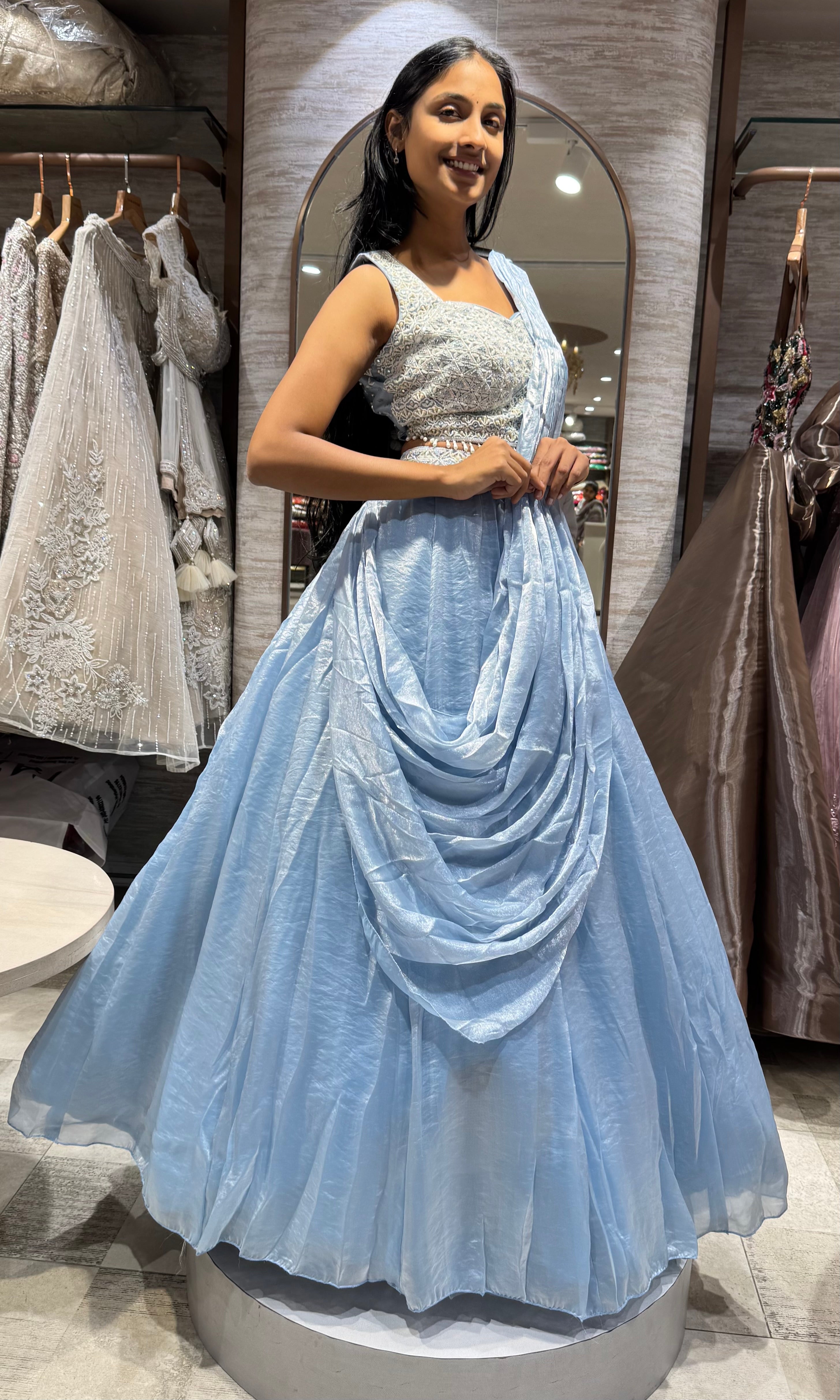 sea Blue Organza Bead Embroidered Lehenga