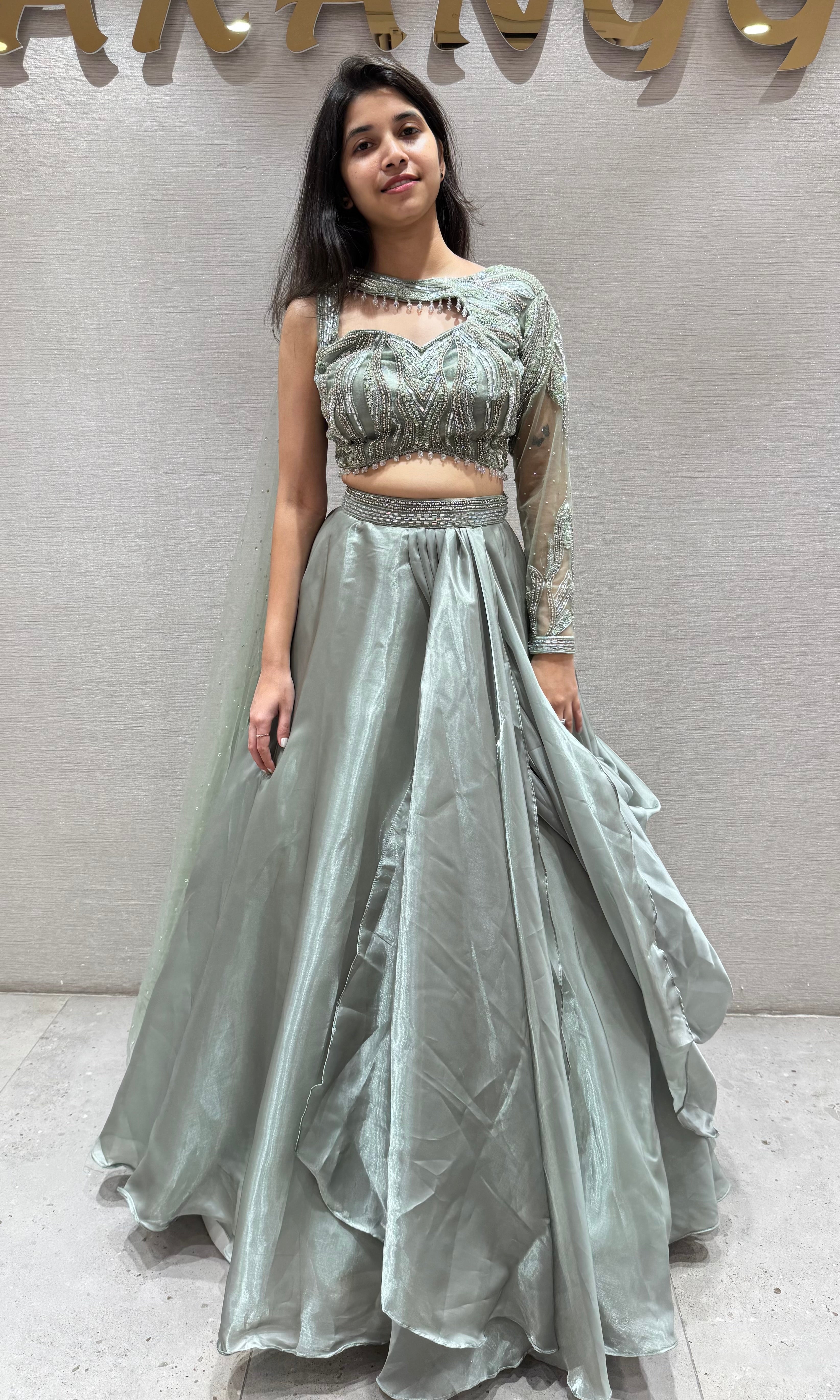Pista green Organza Embroidered Lehenga Set